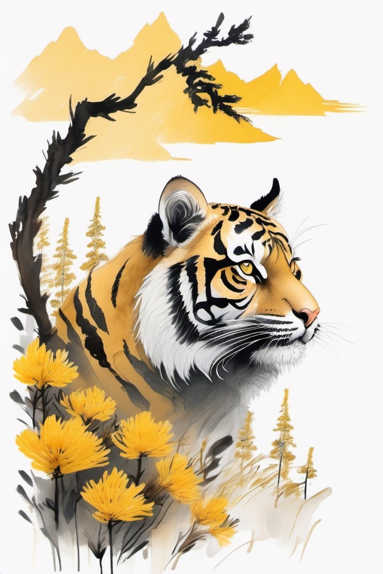 chinese ink drawing, very detailed, high resolution, 8k, yellow mountain tiger, full body, pine trees and flowers, white background, simple background, branch, brush strokes, ink lines.,Xxmix_Catecat