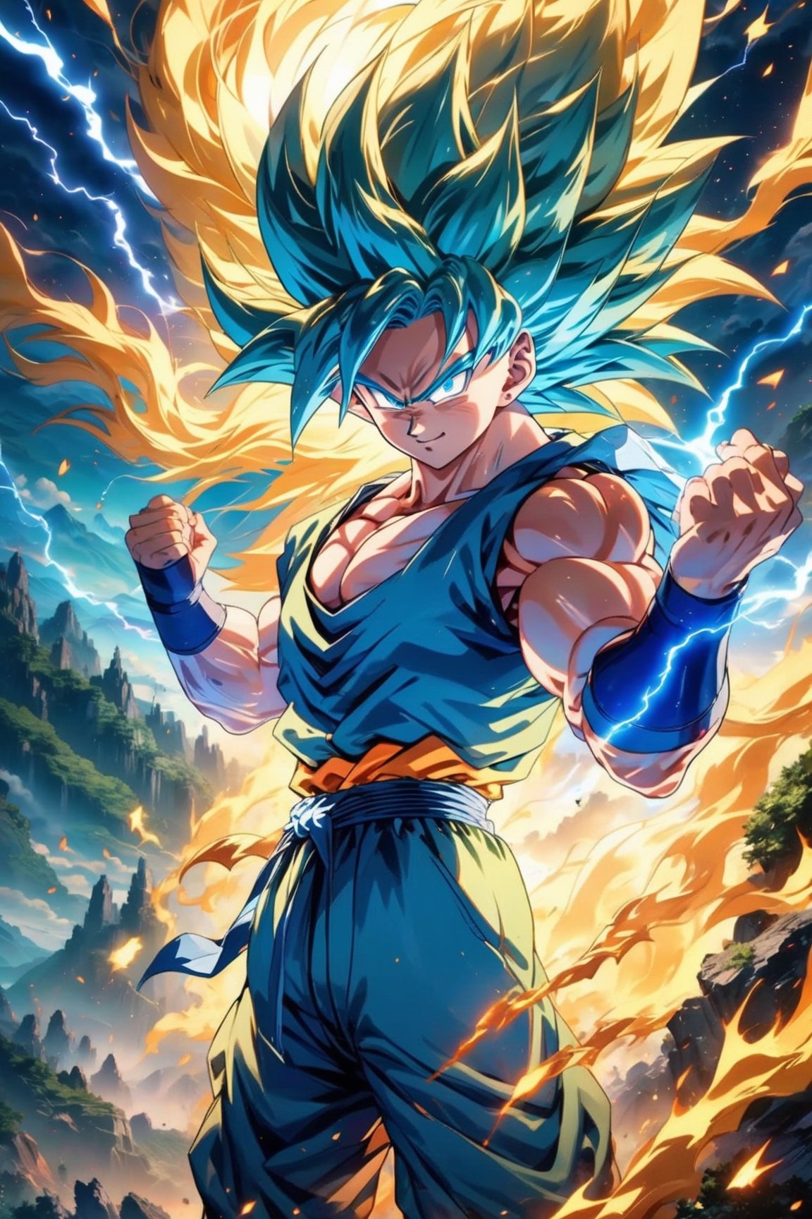 anime super Saiyan Goku, detailed anime face with blue eyes, long golden hair, and smiling, unleashes a massive energy wave while standing on top of a mountain, the surroundings are filled with lush greenery, and the sky is a mix of blue hues. (Orange smoke light energy with blue lightning emanates from his entire body). The energy wave is golden and yellow with electric sparks around it. (anime:1.2), (dramatic lighting:1.1), (vibrant colors:1.3), (cell-shaded:1.1), (dynamic composition:1.2) 
,neon photography style