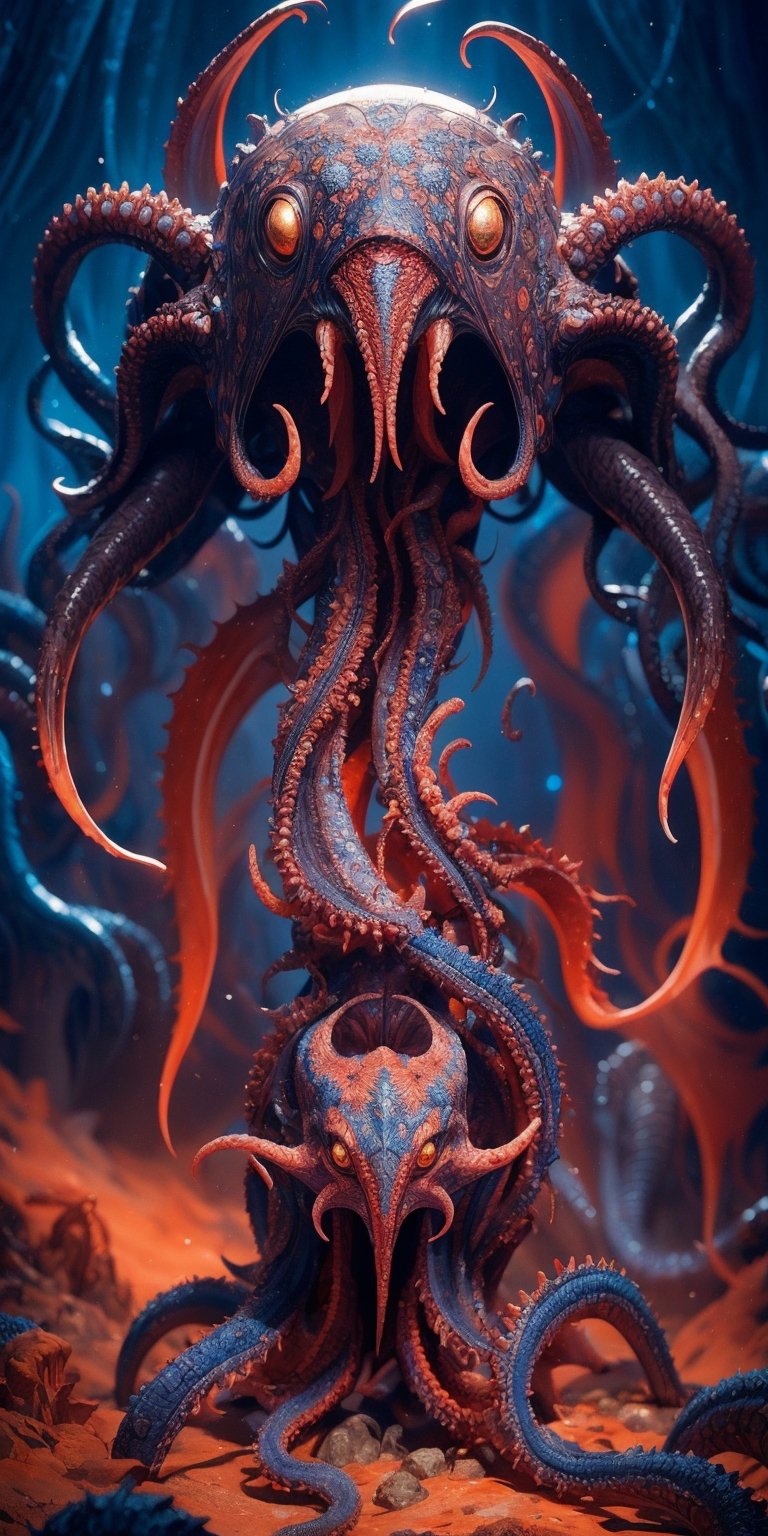 A mesmerizing and visually stunning fractal artwork featuring Cthulhu figure, created by a renowned artist, showcasing intricate details and vibrant colors. Official art quality with a strong aesthetic appeal. High resolution rendering in 4K