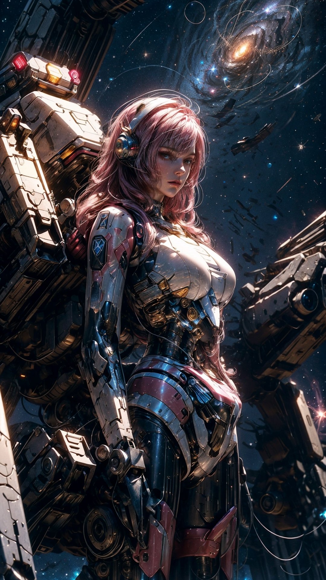 (32k), (masterpiece), (best quality),(extremely intricate), (realistic), (sharp focus), (award winning), (cinematic lighting), (extremely detailed), 

A female titan with long, flowing pink hair stands tall in the cockpit of her towering black mech suit, her face illuminated by the glow of the stars. The mech suit is a marvel of destruction, with sleek lines and powerful weaponry. The woman herself is a skilled warrior, trained in the arts of combat and piloting.

She is standing in front of a vast nebula, its swirling colors creating a breathtaking backdrop. The nebula is home to a variety of alien lifeforms, some of which are hostile to humanity. But the woman is not afraid. She is here to protect her people and to explore the unknown.

She raises her fist in a gesture of defiance, and her mech suit roars to life. She is ready to face whatever challenges the nebula may throw her way.

Details:

The woman is a space mecha pilot / space warrior.
She has long, flowing pink hair.
She is wearing a white bodytight spacesuit.
She is standing in the cockpit of her towering white mech suit.
She is standing in front of a vast nebula.
She raises her fist in a gesture of defiance.,mecha ,mecha