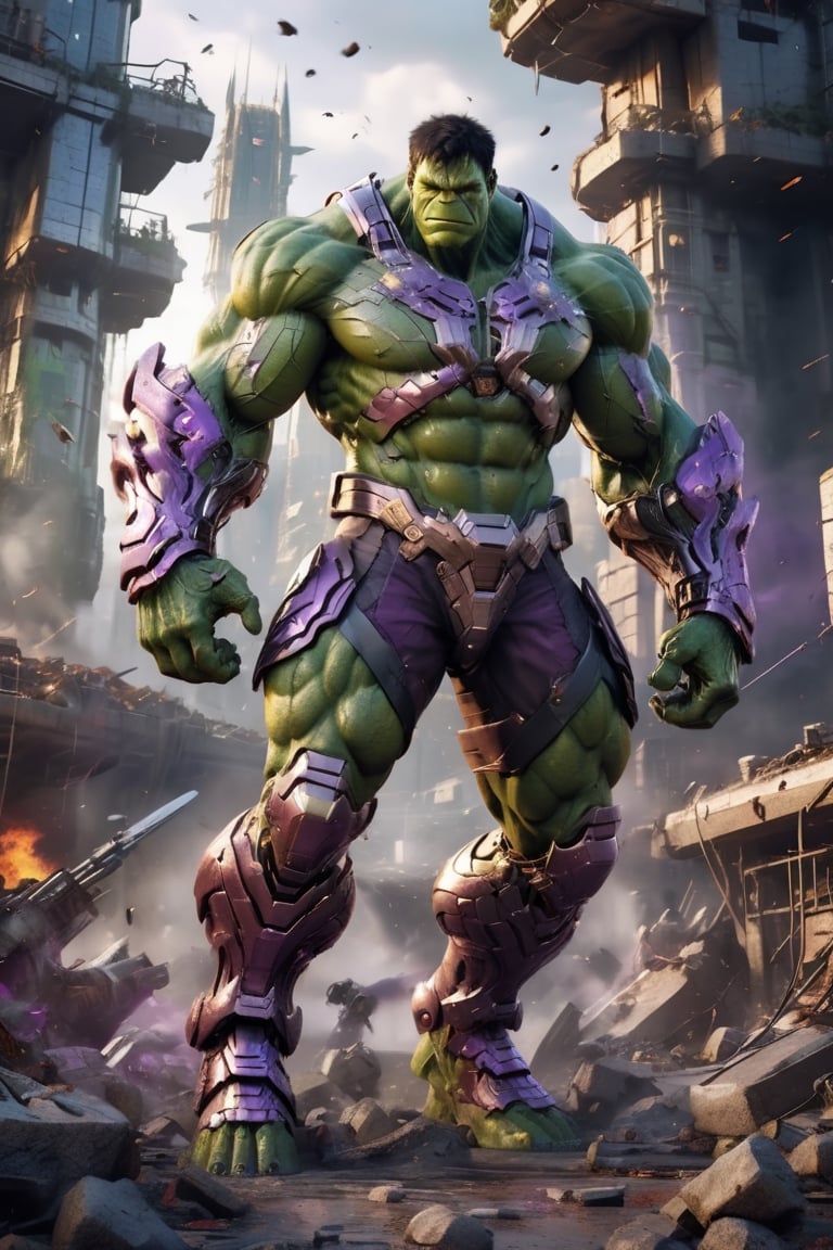 ultra hyper detailed, hyper Realistic Medieval  cyborg animal､high-tech cyborg male hulk､Medieval style green and Purple plate Armor, very muscular build
DESTROYed Skyscraper,Monster