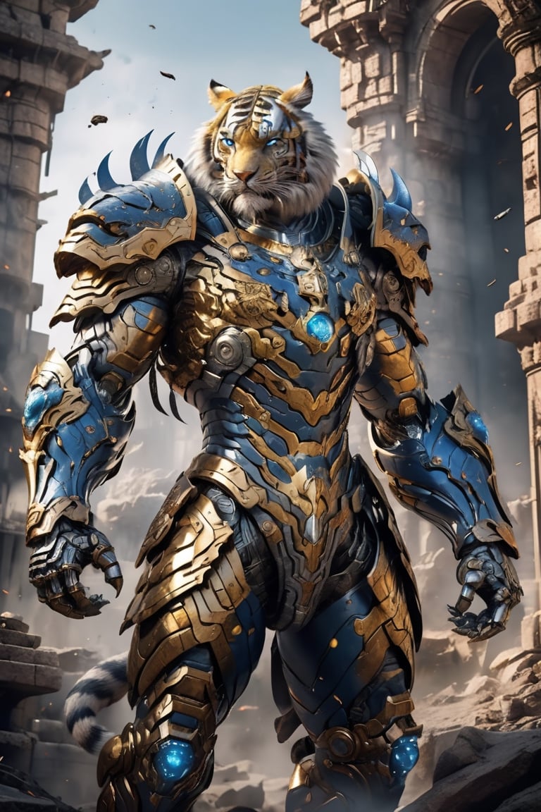 ultra hyper detailed, hyper Realistic Medieval  cyborg animal､high-tech cyborg male tiger､Medieval style blue and gold plate Armor, very muscular build
DESTROYed Skyscraper