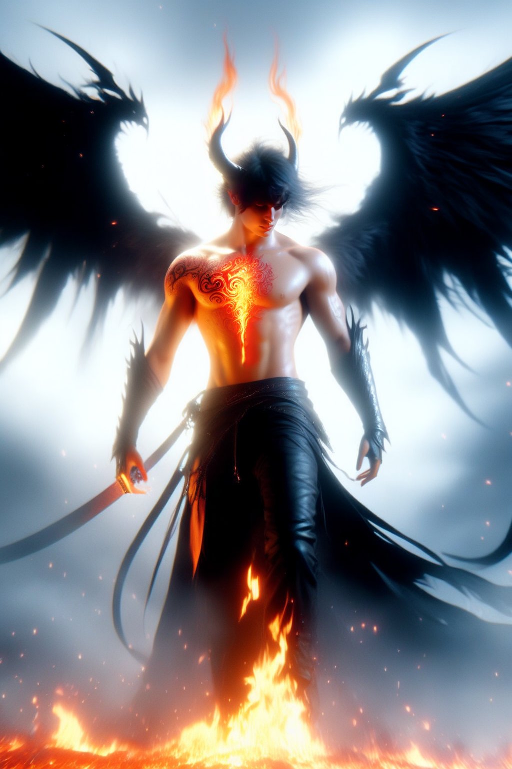 A surreal depiction of a male figure, reminiscent of anime and demon mythology. DonMF1r3XL stands tall in a dark, apocalyptic backdrop, his hot physique accentuated by minimalistic realism. Ghostly beauty radiates from his orange-irised eyes, framed by black eyelids. His body is detailed with red glowing tattoos, as if infused with fiery essence. A black aura swirls around him, amplified by the demon wings ablaze on his back. The open leather jacket reveals a muscular physique, while his right arm bears spikes like a battle-ready warrior. Mulleted hair flows in every direction, as tears of black ink stream down his face, evoking a sense of sorrow and desperation. Amidst this hellish scene, he stands with shullet-like determination, his dragon body seemingly forged from the very flames that consume him.