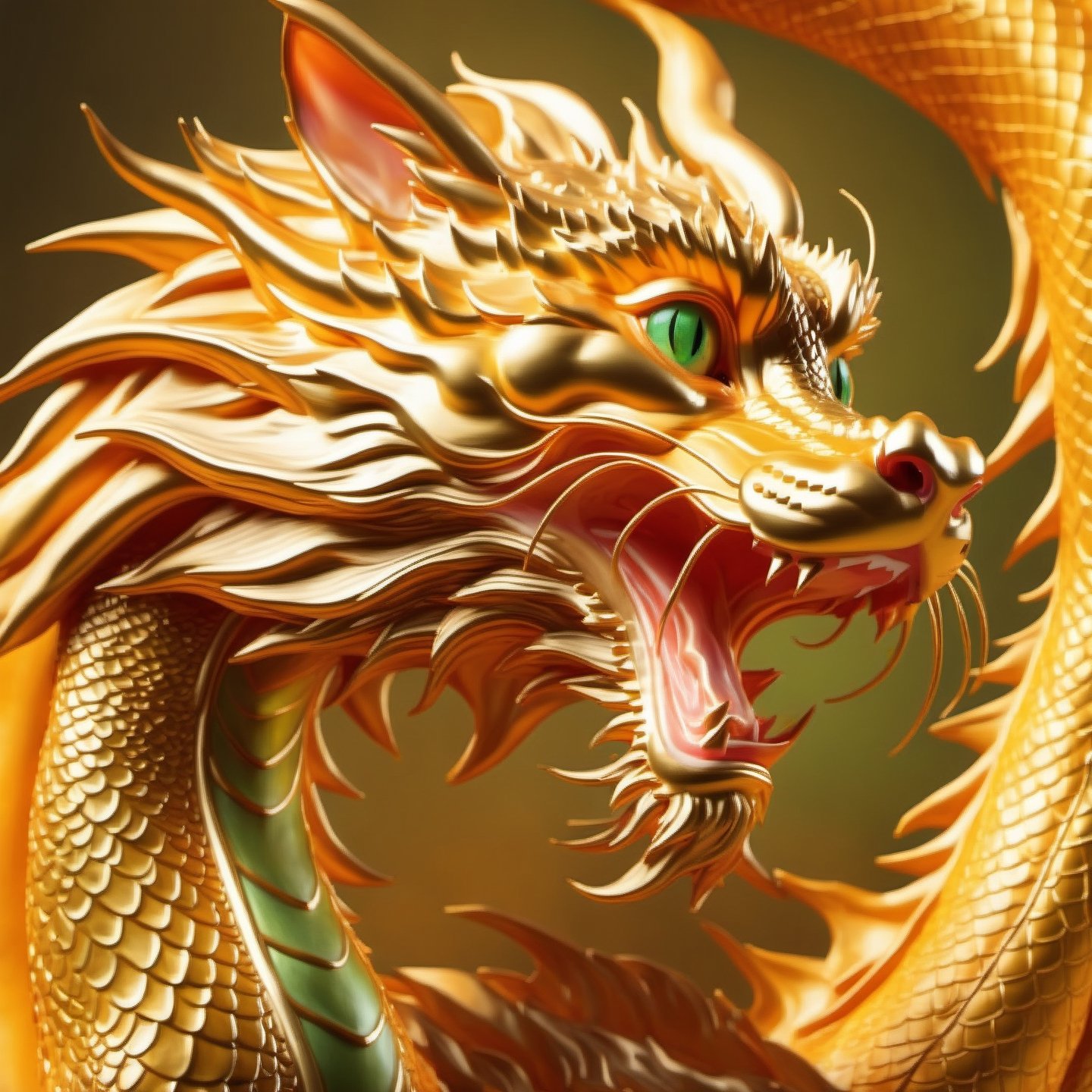 orange cat with green eyes, wearing a suit and tie, BREAK, dragon looped in background,golden dragon