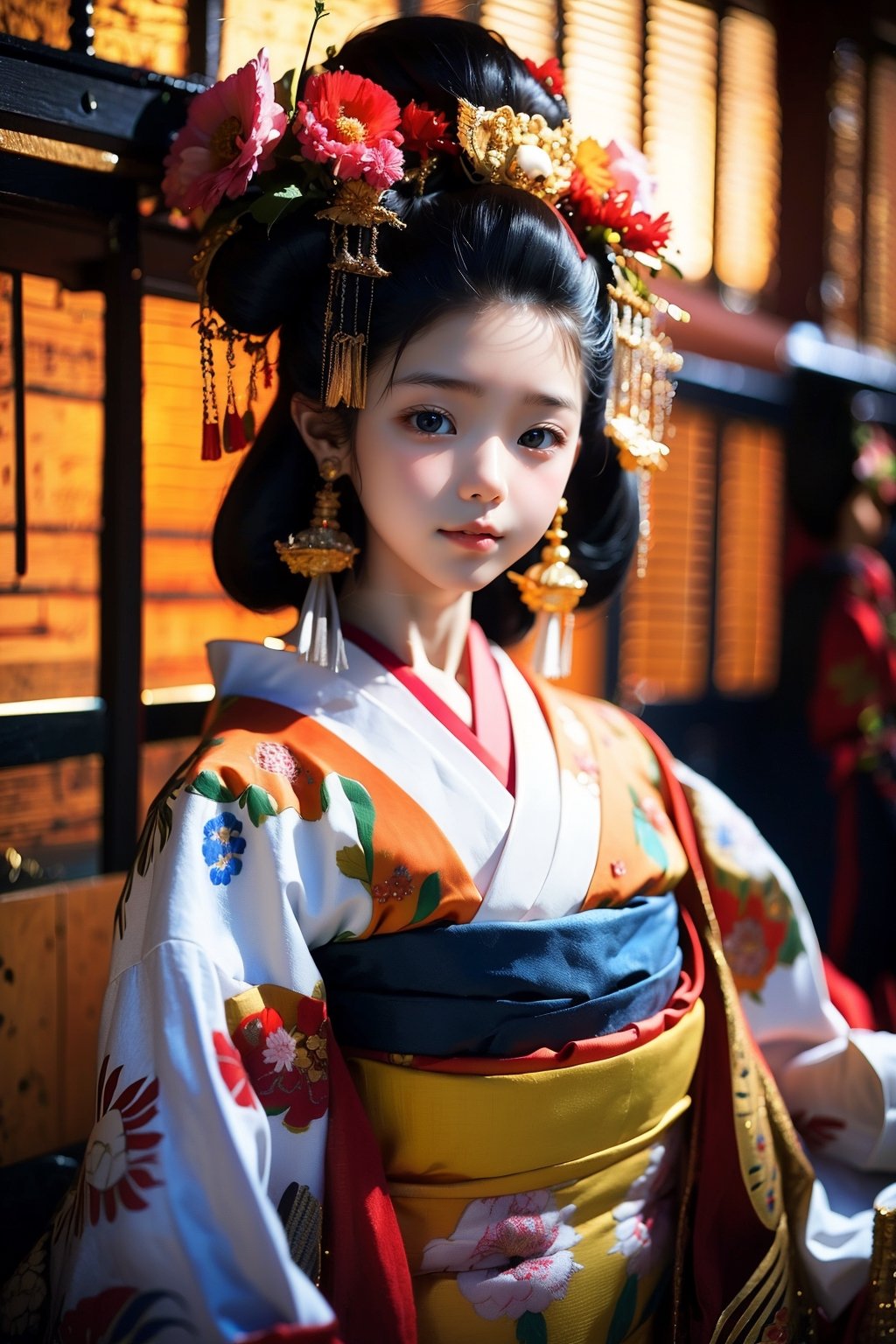 1 girl, most beautiful korean girl, Korean beauty model, idol face, gorgeous girl, 18yo, over sized eyes, big eyes, smiling, looking at viewer, (RAW photo, best quality), (real, photo real: 1.3), detailed face + eyes, casual pose, elegant, stunning Japanese traditional costume oiran, gorgeous hair accessories, phoenix eyes, cool, Disdainful look, fractal art, bright colors, beautiful Japanese supermodel wearing clogs, radiant, perfect custom gorgeous floral embroidery pattern suit, custom design, cowboy shot,  floral print,masterpiece