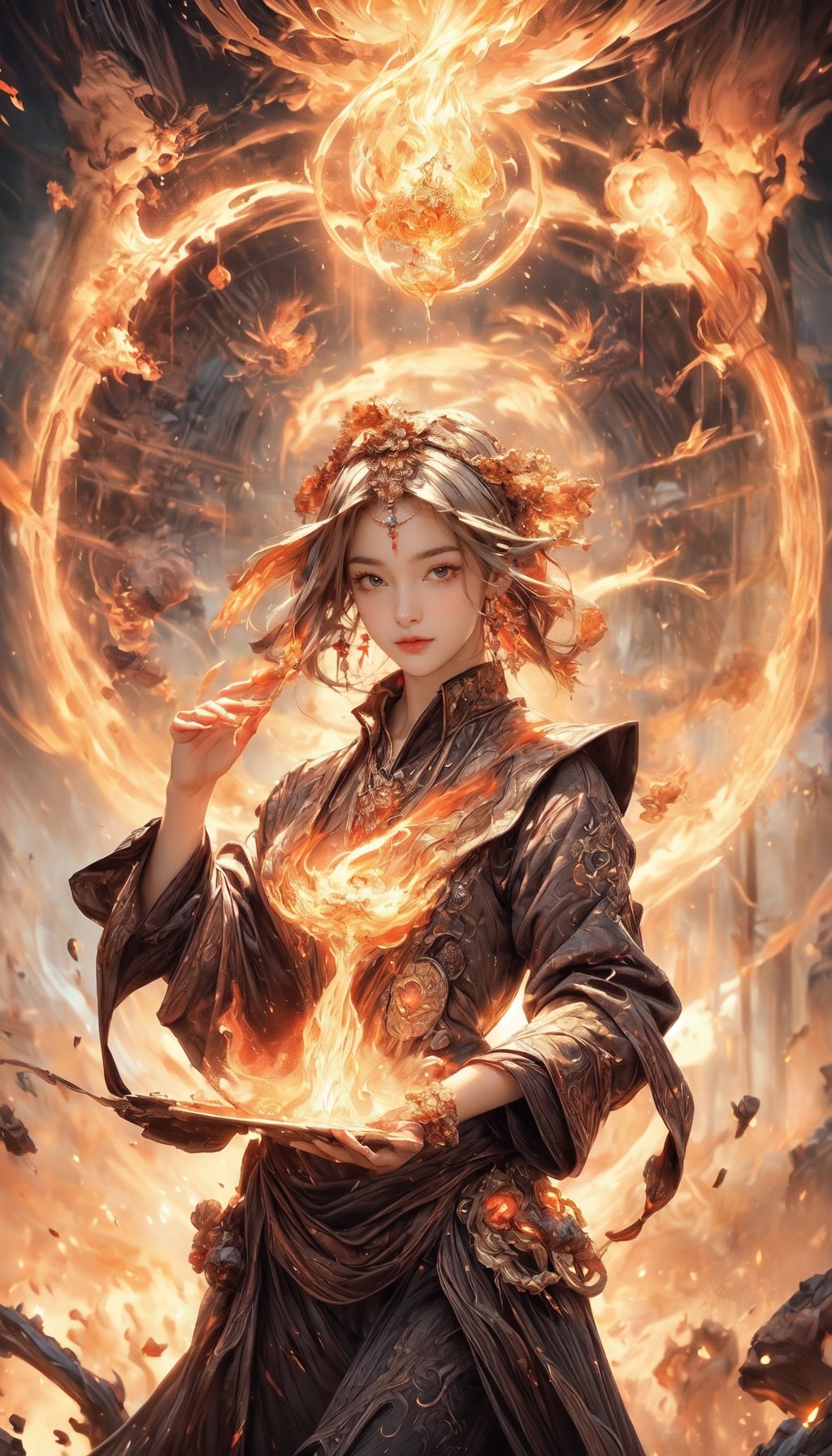 (masterpiece,  top quality,  best quality,  official art,  beautiful and aesthetic:1.2),  (1girl:1.2), fire fairy, cute,  light eyes,   beautiful face, ((Transparent heavenly plumage)),extreme detailed, (abstract:1.4,  fractal art:1.3), (shain gold hair:1.1),  fate \(series\),  colorful, highest detailed, lightning, Swirling lava, flying flames,ability to manipulate fire, (splash_art:1.2),  jewelry:1.4,  silver wear, scenery,  ink  ,pyromancer,Exquisite face,Holy light,Wonder of Art and Beauty