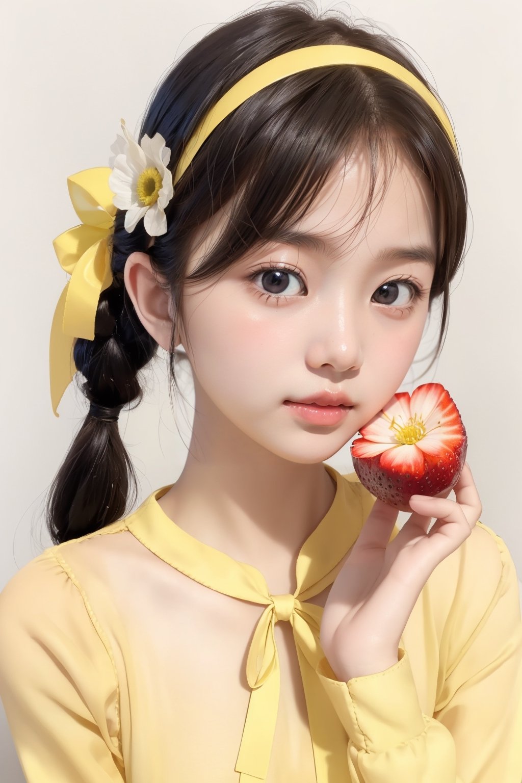 best quality, masterpiece, aesthetic, 1girl, artist name, bangs, black hair, blush, brown hair, cowboy shot, 
dated, flower, food, fruit, holding, leaf, lemon, lemon slice, long sleeves, looking at viewer, neck ribbon, 
plant, ribbon, short hair, signature, simple background, solo, upper body, white background, yellow flower, 
yellow ribbon, yellow shirt, yellow theme, skirt, shirt, twintails, hairband, puffy sleeves, black skirt, white flower, 
short twintails, puffy long sleeves, covered mouth, holding flower, ,Exquisite face,masterpiece