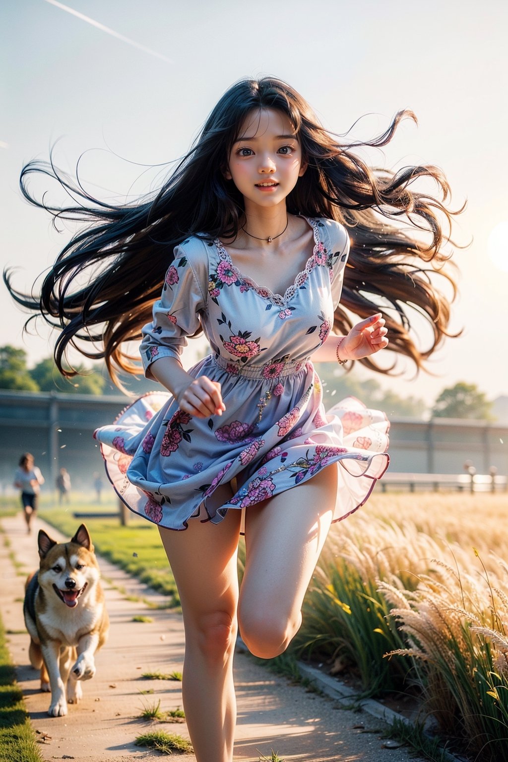 masutepiece, Best Quality, Ultra-detailed, finely detail, hight resolution, 8K Wallpaper, Perfect dynamic composition, Natural Color Lip,(Wearing a floral-patterned dress :1.3),(Longhair:1.3),drawn action: (the girl must be happily running around the field with a Shiba Inu,basking in the evening sun:1.4),I want to convey the happily atmosphere,(The wind blows her long hair:1.4), 1 girl, most beautiful korean girl, Korean beauty model, stunningly beautiful girl, gorgeous girl, 18yo, over sized eyes, big eyes, smiling, looking at viewer, (smile:1.3), full body shot, colorful_girl_v2