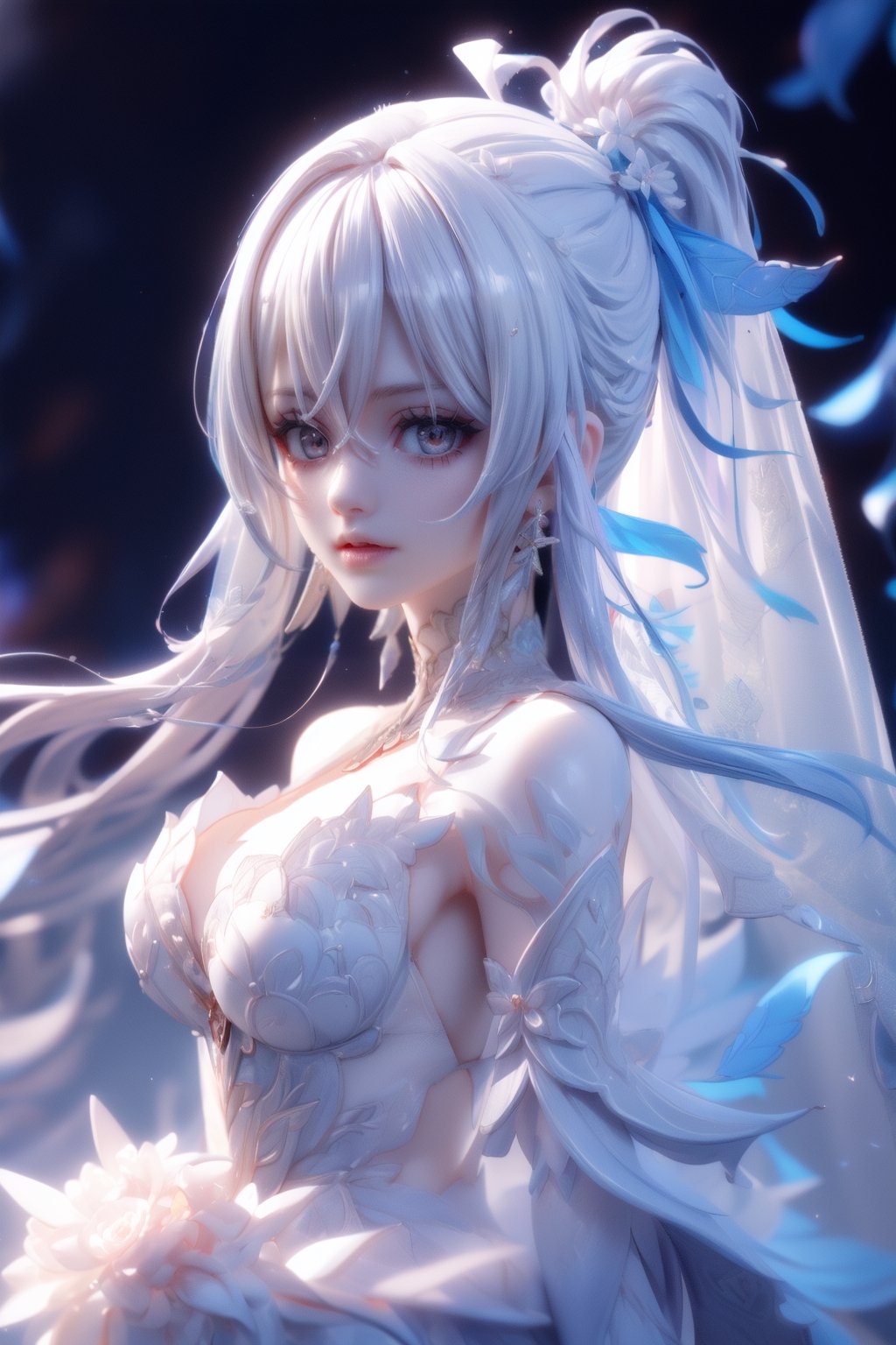 (((masterpiece))),  (((best quality))),  ((ultra-detailed)),  (illustration),((an extremely delicate and beautiful)),(detailed light),((wedding dress)),mature female,white hair,long_hair,red_eyes,(bloom),jingliu \(honkai: star rail\),pony_tail,looking at viewer,Realism,Detailedface