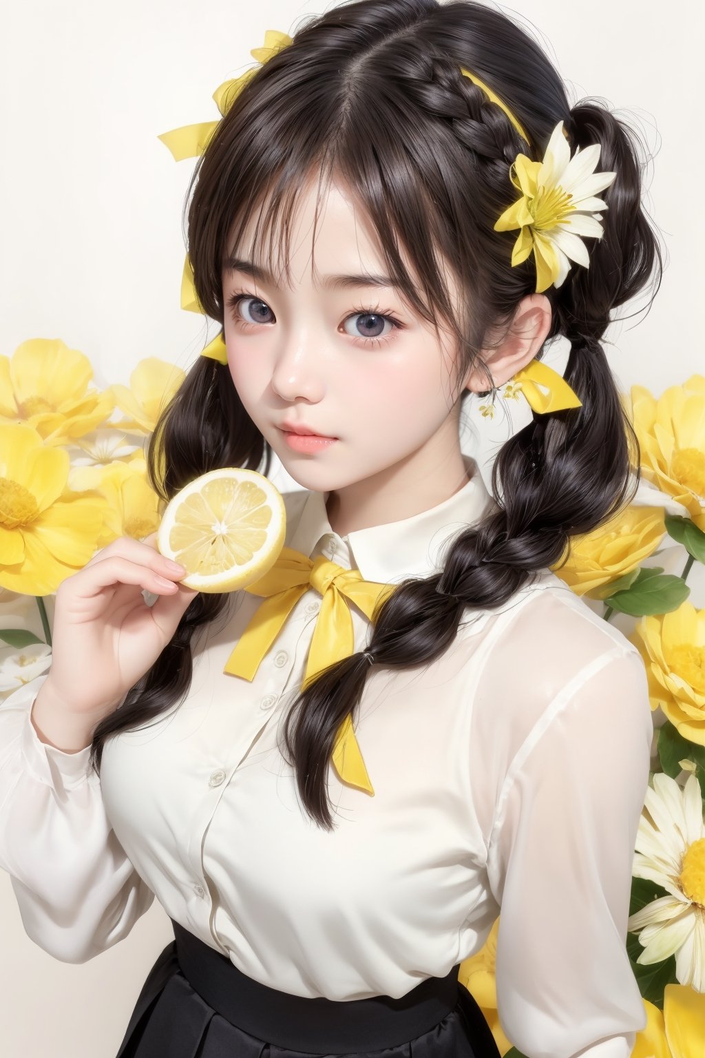 best quality, masterpiece, aesthetic, 1girl, artist name, bangs, black hair, blush, brown hair, cowboy shot, 
dated, flower, food, fruit, holding, leaf, lemon, lemon slice, long sleeves, looking at viewer, neck ribbon, 
plant, ribbon, short hair, signature, simple background, solo, upper body, white background, yellow flower, 
yellow ribbon, yellow shirt, yellow theme, skirt, shirt, twintails, hairband, puffy sleeves, black skirt, white flower, 
short twintails, puffy long sleeves, covered mouth, holding flower, ,Exquisite face