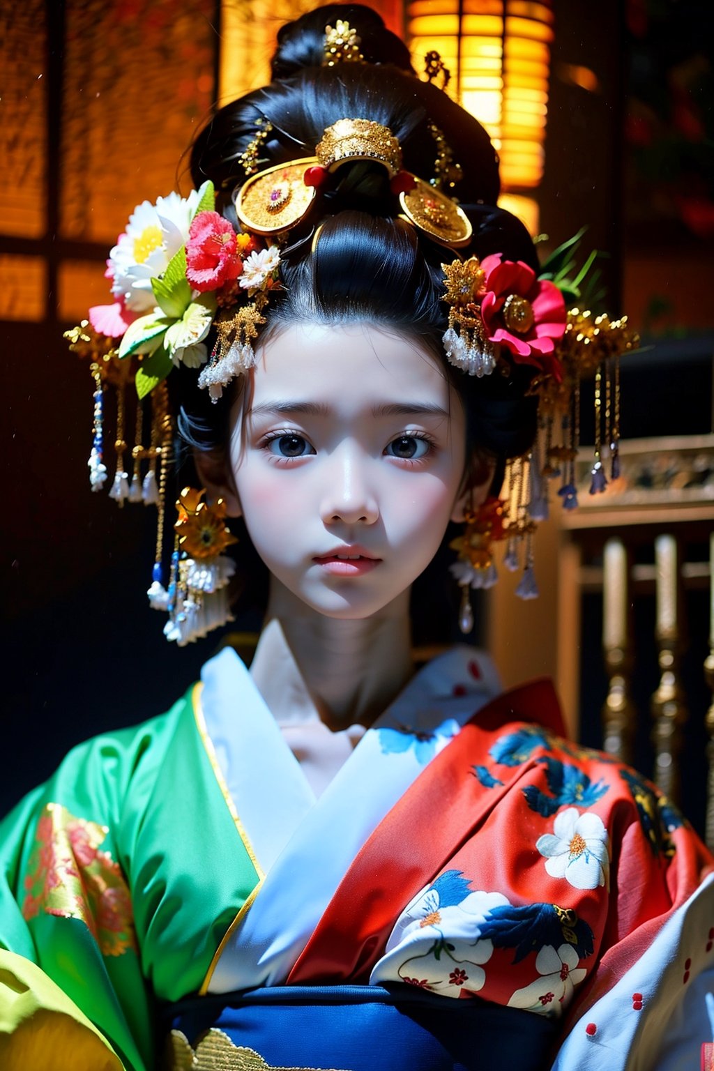 1 girl, most beautiful korean girl, Korean beauty model, idol face, gorgeous girl, 18yo, over sized eyes, big eyes, smiling, looking at viewer, (RAW photo, best quality), (real, photo real: 1.3), detailed face + eyes, casual pose, elegant, stunning Japanese traditional costume oiran, gorgeous hair accessories, phoenix eyes, cool, Disdainful look, fractal art, bright colors, beautiful Japanese supermodel wearing clogs, radiant, perfect custom gorgeous floral embroidery pattern suit, custom design, cowboy shot,  floral print,masterpiece