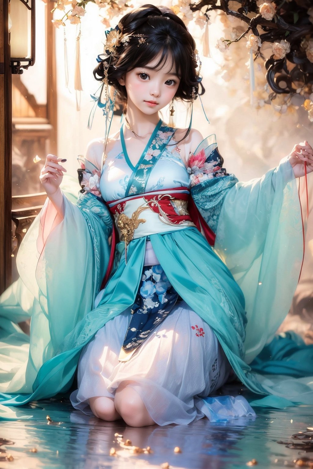 1 girl, beautiful korean girl, looking at viewer, over sized eyes, big eyes, smiling, (masterpiece, top quality, best quality, official art, beautiful and aesthetic:1.2), (1girl), extreme detailed,(abstract, fractal art:1.3),highest detailed, detailed_eyes, light_particles, hanfu,jewelry, sexy, ,red,