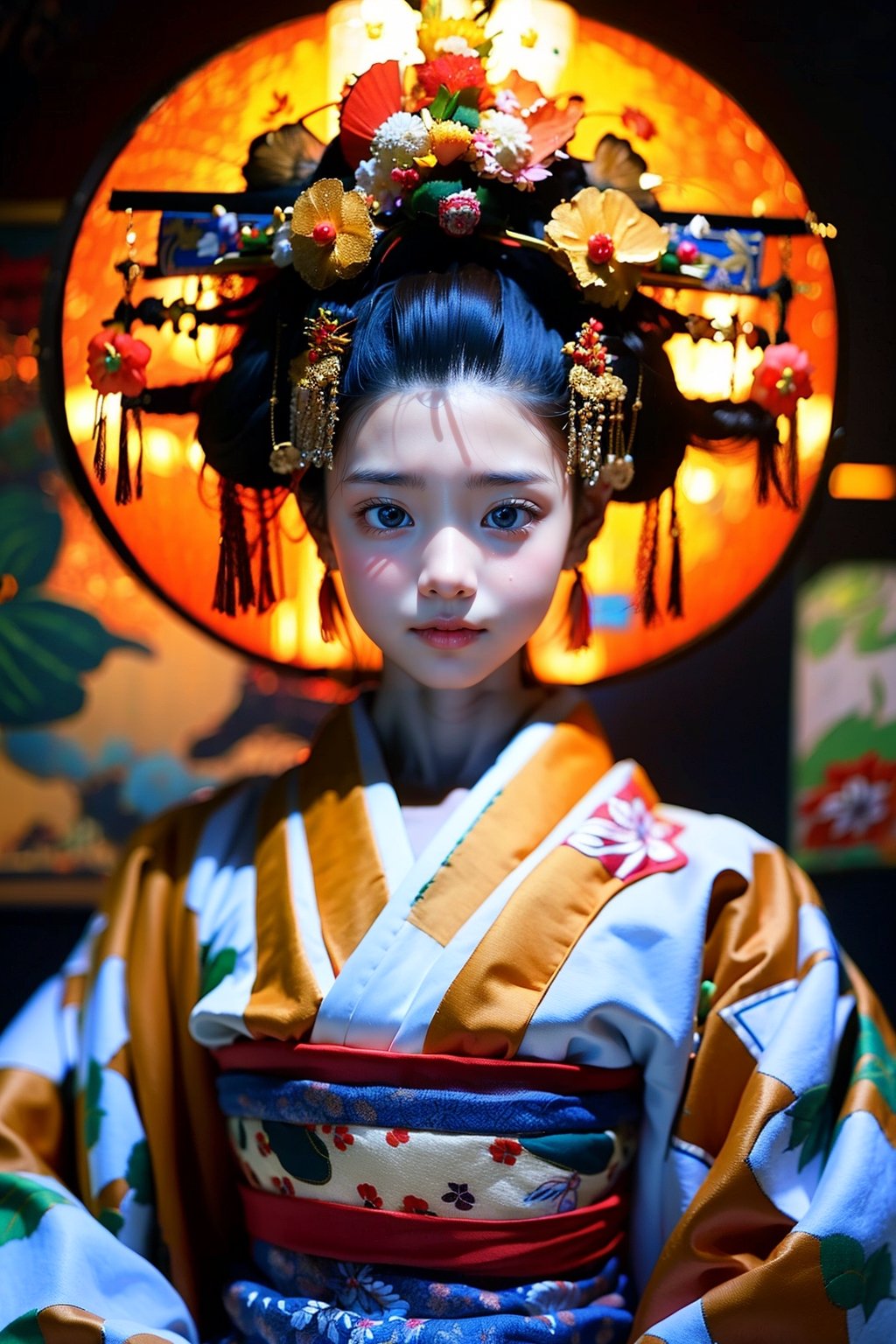 1 girl, most beautiful korean girl, Korean beauty model, idol face, gorgeous girl, 18yo, over sized eyes, big eyes, smiling, looking at viewer, (RAW photo, best quality), (real, photo real: 1.3), detailed face + eyes, casual pose, elegant, stunning Japanese traditional costume oiran, gorgeous hair accessories, phoenix eyes, cool, Disdainful look, fractal art, bright colors, beautiful Japanese supermodel wearing clogs, radiant, perfect custom gorgeous floral embroidery pattern suit, custom design, cowboy shot,  floral print,masterpiece