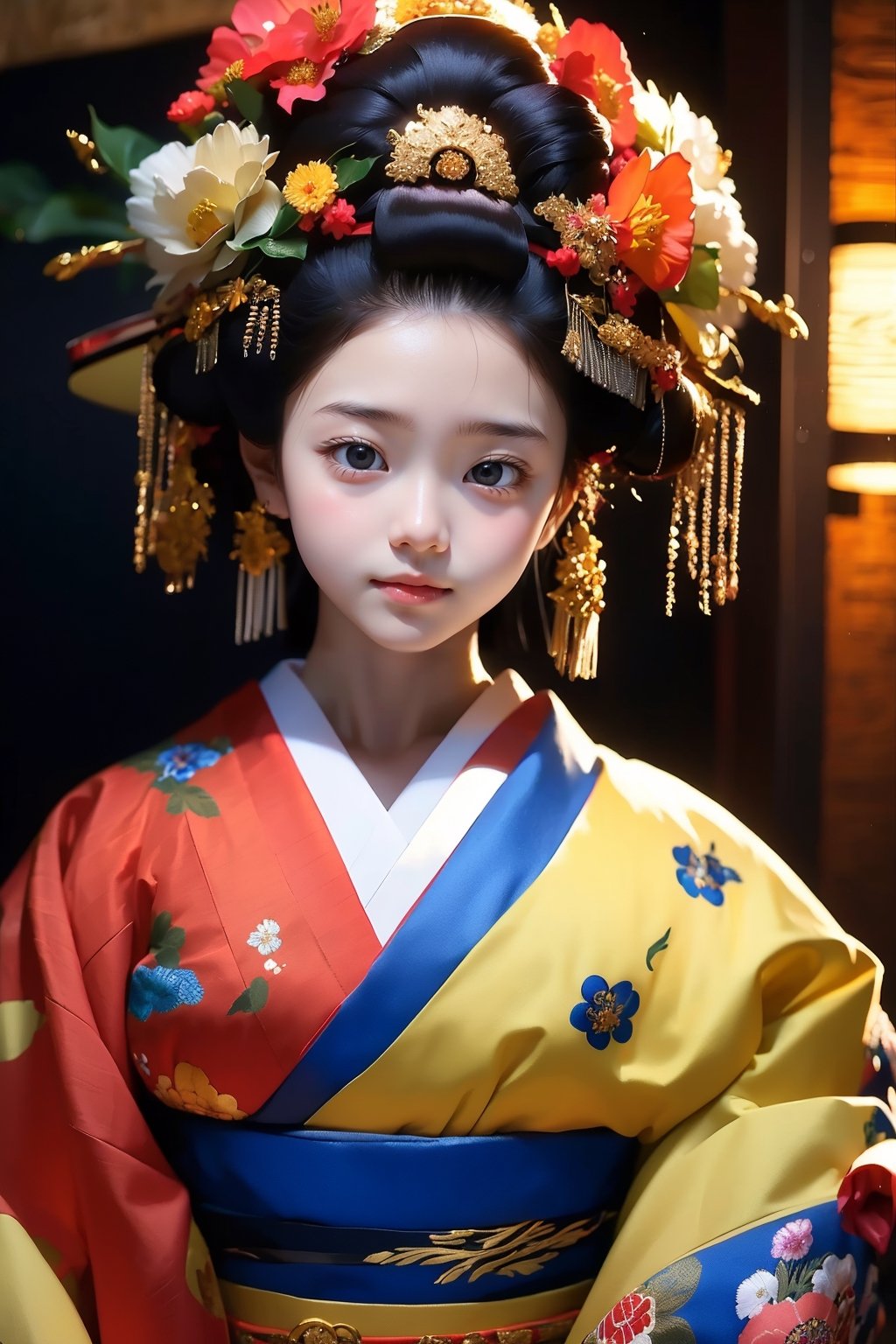 1 girl, beautiful korean girl, looking at viewer, over sized eyes, big eyes, smiling, (RAW photo, best quality), (real, photo real: 1.3), detailed face + eyes, casual pose, elegant, stunning Japanese traditional costume oiran, gorgeous hair accessories, phoenix eyes, cool, Disdainful look, fractal art, bright colors, beautiful Japanese supermodel wearing clogs, radiant, perfect custom gorgeous floral embroidery pattern suit, custom design, cowboy shot,  floral print,masterpiece