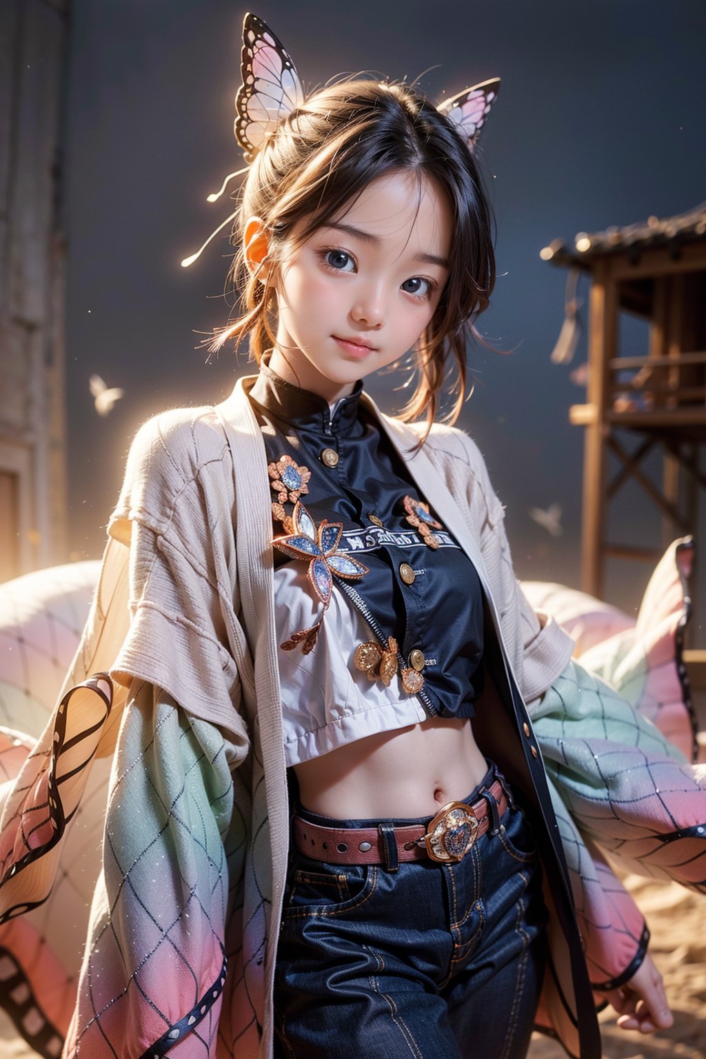 1 girl, most beautiful korean girl, Korean beauty model, stunningly beautiful girl, gorgeous girl, 20yo, over sized eyes, big eyes, smiling, looking at viewer, a girl with a lotus with a star haori, in a town, Detailed Textures, high quality, high resolution, high Accuracy, realism, color correction, Proper lighting settings, harmonious composition, kochou shinobu, butterfly hair ornament, purple eyes, multicolored hair, short hair, parted bangs, forehead, ((Cowboy Shot: 1.5))