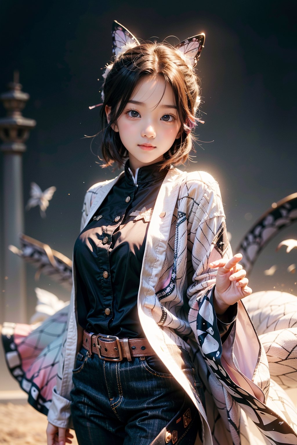 1 girl, most beautiful korean girl, Korean beauty model, stunningly beautiful girl, gorgeous girl, 20yo, over sized eyes, big eyes, smiling, looking at viewer, a girl with a lotus with a star haori, in a town, Detailed Textures, high quality, high resolution, high Accuracy, realism, color correction, Proper lighting settings, harmonious composition, kochou shinobu, butterfly hair ornament, purple eyes, multicolored hair, short hair, parted bangs, forehead, ((Cowboy Shot: 1.5))