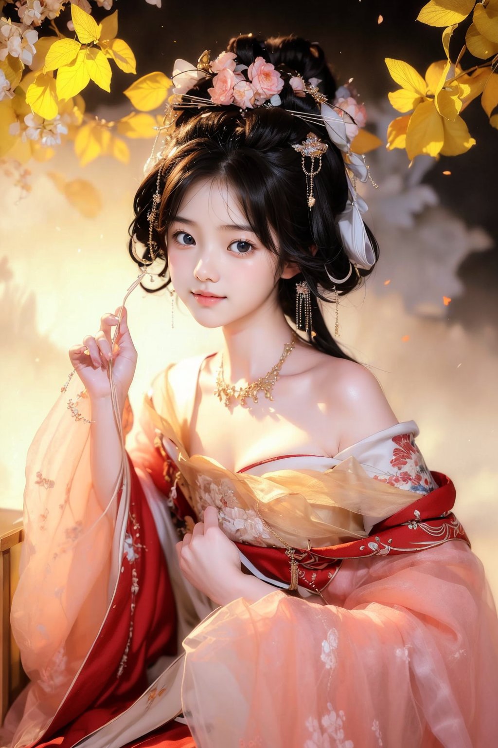 1 girl, beautiful korean girl, looking at viewer, over sized eyes, big eyes, smiling, (masterpiece, top quality, best quality, official art, beautiful and aesthetic:1.2), (1girl), extreme detailed,(abstract, fractal art:1.3),highest detailed, detailed_eyes, light_particles, hanfu,jewelry, sexy, ,red,masterpiece