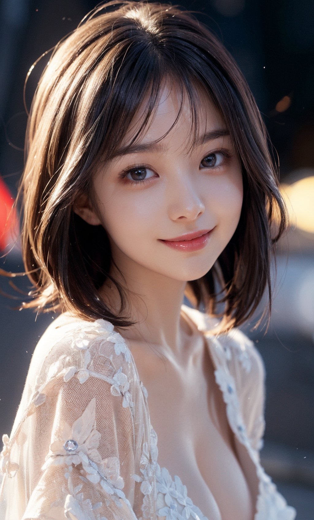 (masterpiece), best quality:1.2, high_res, soft lines and shapes, niji, 1girl, most beautiful korean girl, Korean beauty model, stunningly beautiful girl, gorgeous girl, over sized eyes, big eyes, smiling, looking at viewer, short layered hairstyle, super cute blond woman in a dark theme, bokeh, depth of field, urban, city, outdoors