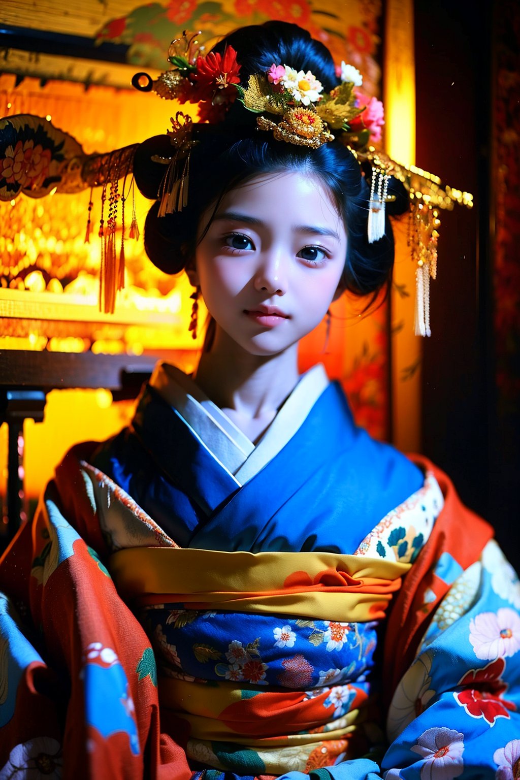 1 girl, most beautiful korean girl, Korean beauty model, idol face, gorgeous girl, 18yo, over sized eyes, big eyes, smiling, looking at viewer, (RAW photo, best quality), (real, photo real: 1.3), detailed face + eyes, casual pose, elegant, stunning Japanese traditional costume oiran, gorgeous hair accessories, phoenix eyes, cool, Disdainful look, fractal art, bright colors, beautiful Japanese supermodel wearing clogs, radiant, perfect custom gorgeous floral embroidery pattern suit, custom design, cowboy shot,  floral print,masterpiece