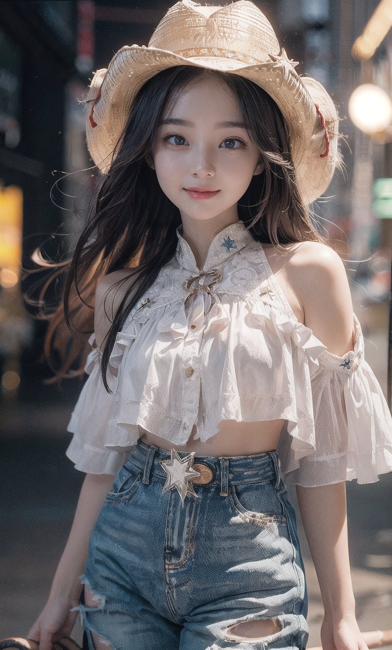 (masterpiece), best quality:1.2, high_res, soft lines and shapes, niji, 1girl, most beautiful korean girl, Korean beauty model, stunningly beautiful girl, gorgeous girl, over sized eyes, big eyes, smiling, looking at viewer, ((Cowboy Shot: 1.5)), short layered hairstyle, super cute blond woman in a dark theme, bokeh, depth of field, urban, city, outdoors,masterpiece