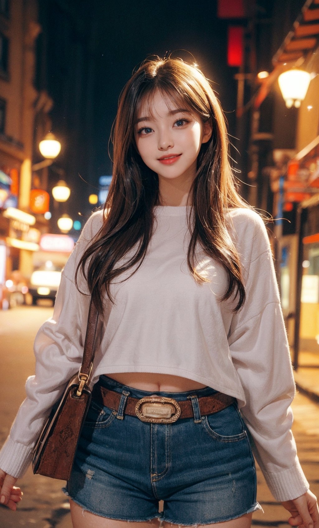 (masterpiece), best quality:1.2, high_res, soft lines and shapes, niji, 1girl, most beautiful korean girl, Korean beauty model, stunningly beautiful girl, gorgeous girl, over sized eyes, big eyes, smiling, looking at viewer, ((Cowboy Shot: 1.5)), short layered hairstyle, super cute blond woman in a dark theme, bokeh, depth of field, urban, city, outdoors