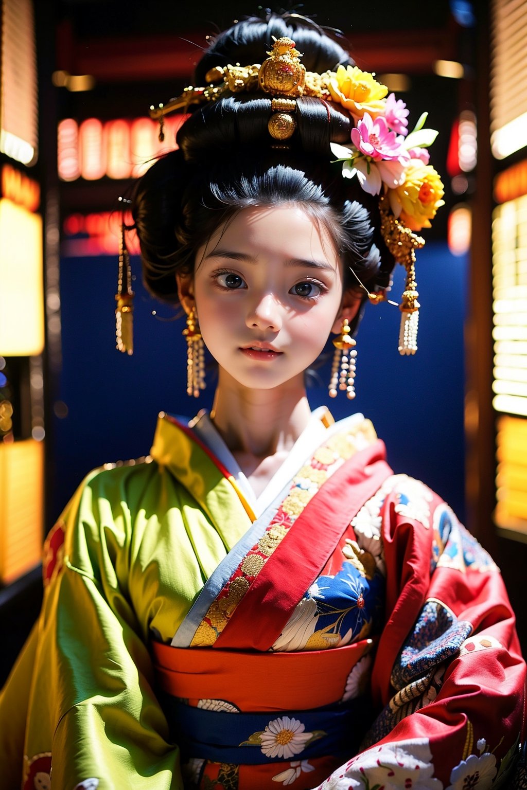 1 girl, most beautiful korean girl, Korean beauty model, idol face, gorgeous girl, 18yo, over sized eyes, big eyes, smiling, looking at viewer, (RAW photo, best quality), (real, photo real: 1.3), detailed face + eyes, casual pose, elegant, stunning Japanese traditional costume oiran, gorgeous hair accessories, phoenix eyes, cool, Disdainful look, fractal art, bright colors, beautiful Japanese supermodel wearing clogs, radiant, perfect custom gorgeous floral embroidery pattern suit, custom design, cowboy shot,  floral print,masterpiece