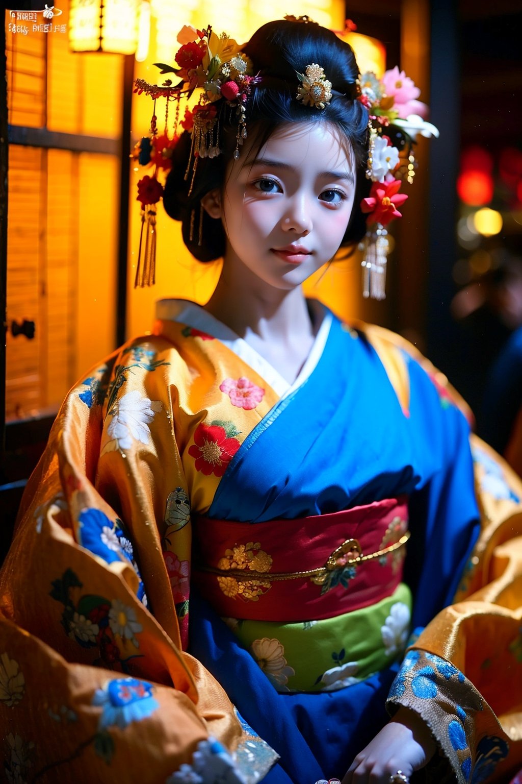 1 girl, most beautiful korean girl, Korean beauty model, idol face, gorgeous girl, 18yo, over sized eyes, big eyes, smiling, looking at viewer, (RAW photo, best quality), (real, photo real: 1.3), detailed face + eyes, casual pose, elegant, stunning Japanese traditional costume oiran, gorgeous hair accessories, phoenix eyes, cool, Disdainful look, fractal art, bright colors, beautiful Japanese supermodel wearing clogs, radiant, perfect custom gorgeous floral embroidery pattern suit, custom design, cowboy shot,  floral print,masterpiece