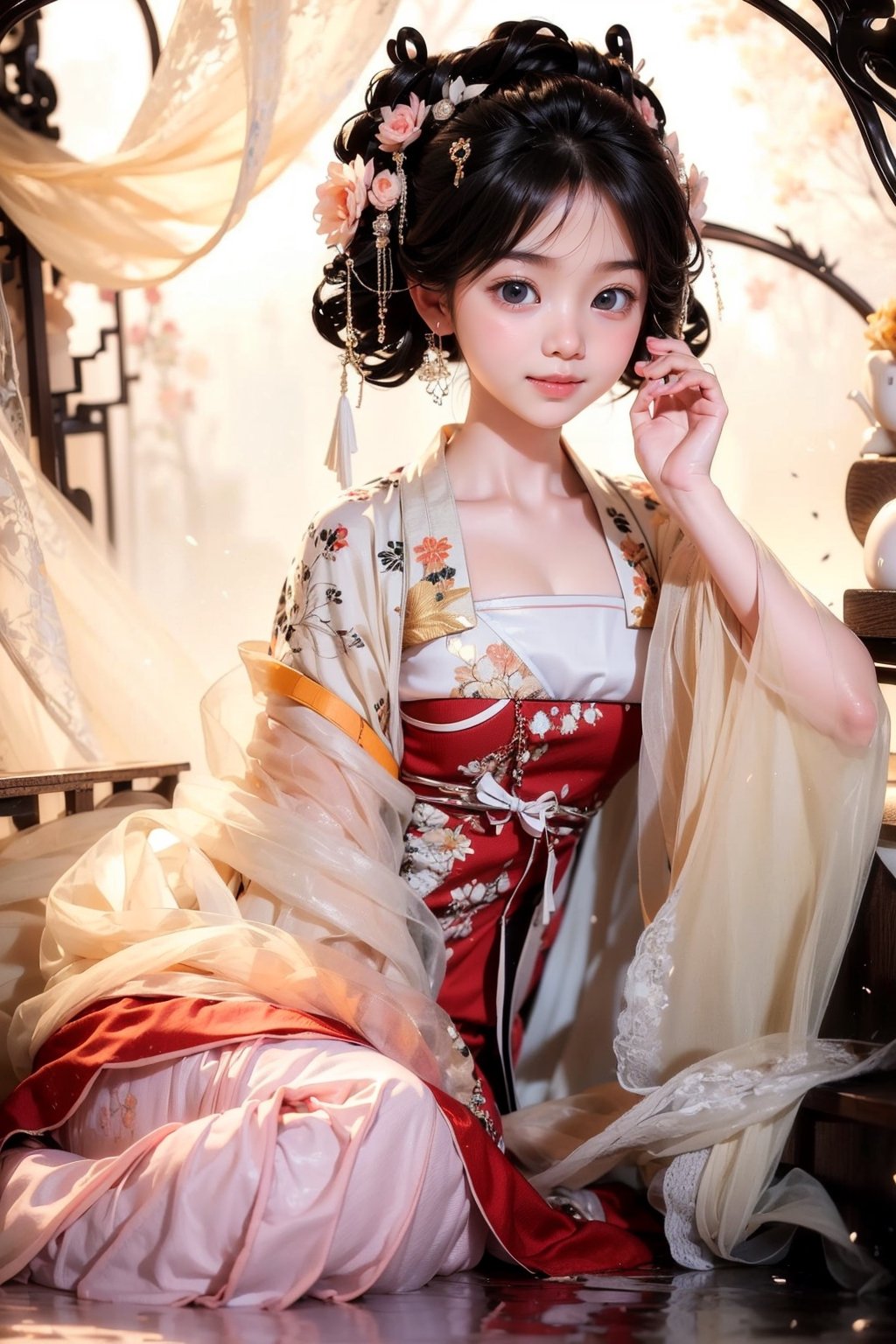 1 girl, beautiful korean girl, looking at viewer, over sized eyes, big eyes, smiling, (masterpiece, top quality, best quality, official art, beautiful and aesthetic:1.2), (1girl), extreme detailed,(abstract, fractal art:1.3),highest detailed, detailed_eyes, light_particles, hanfu,jewelry, sexy, ,red,