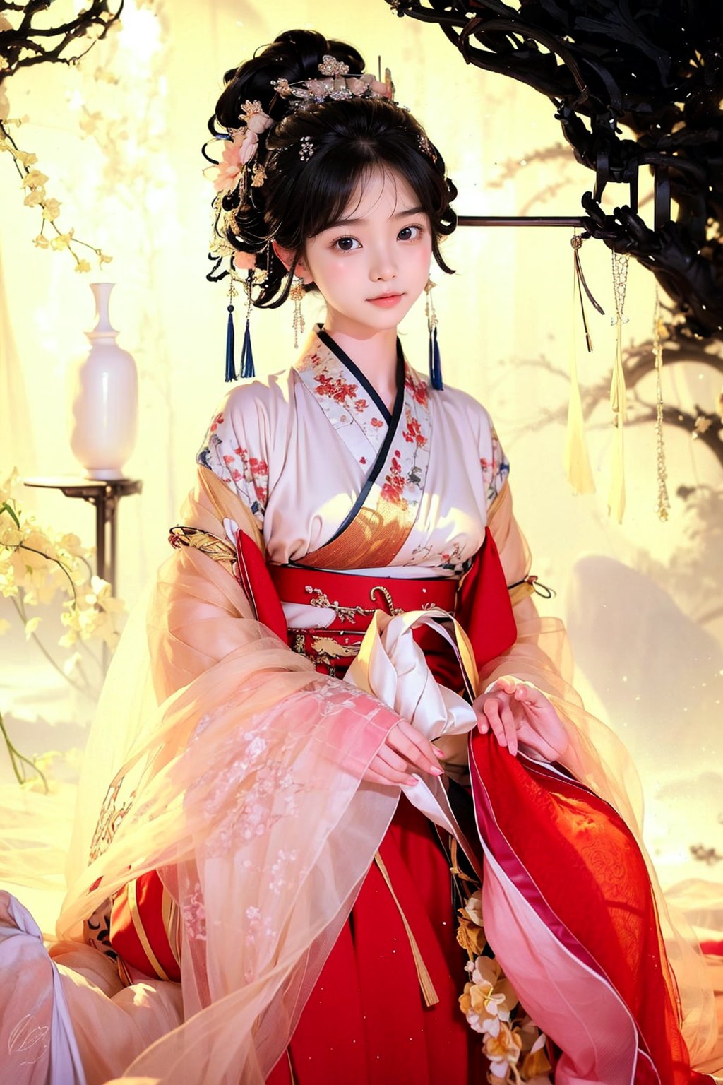 1 girl, beautiful korean girl, looking at viewer, over sized eyes, big eyes, smiling, (masterpiece, top quality, best quality, official art, beautiful and aesthetic:1.2), (1girl), extreme detailed,(abstract, fractal art:1.3),highest detailed, detailed_eyes, light_particles, hanfu,jewelry, sexy, ,red,masterpiece
