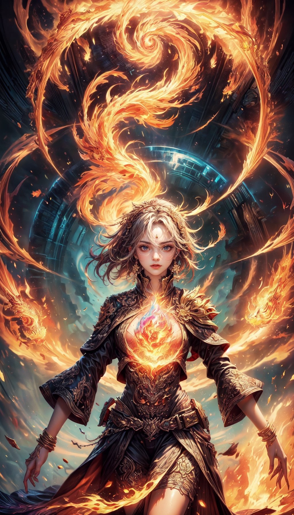 (masterpiece,  top quality,  best quality,  official art,  beautiful and aesthetic:1.2),  (1girl:1.2), fire fairy, cute,  light eyes,   beautiful face, ((Transparent heavenly plumage)),extreme detailed, (abstract:1.4,  fractal art:1.3), (shain gold hair:1.1),  fate \(series\),  colorful, highest detailed, lightning, Swirling lava, flying flames,ability to manipulate fire, (splash_art:1.2),  jewelry:1.4,  silver wear, scenery,  ink  ,pyromancer,Exquisite face,Holy light