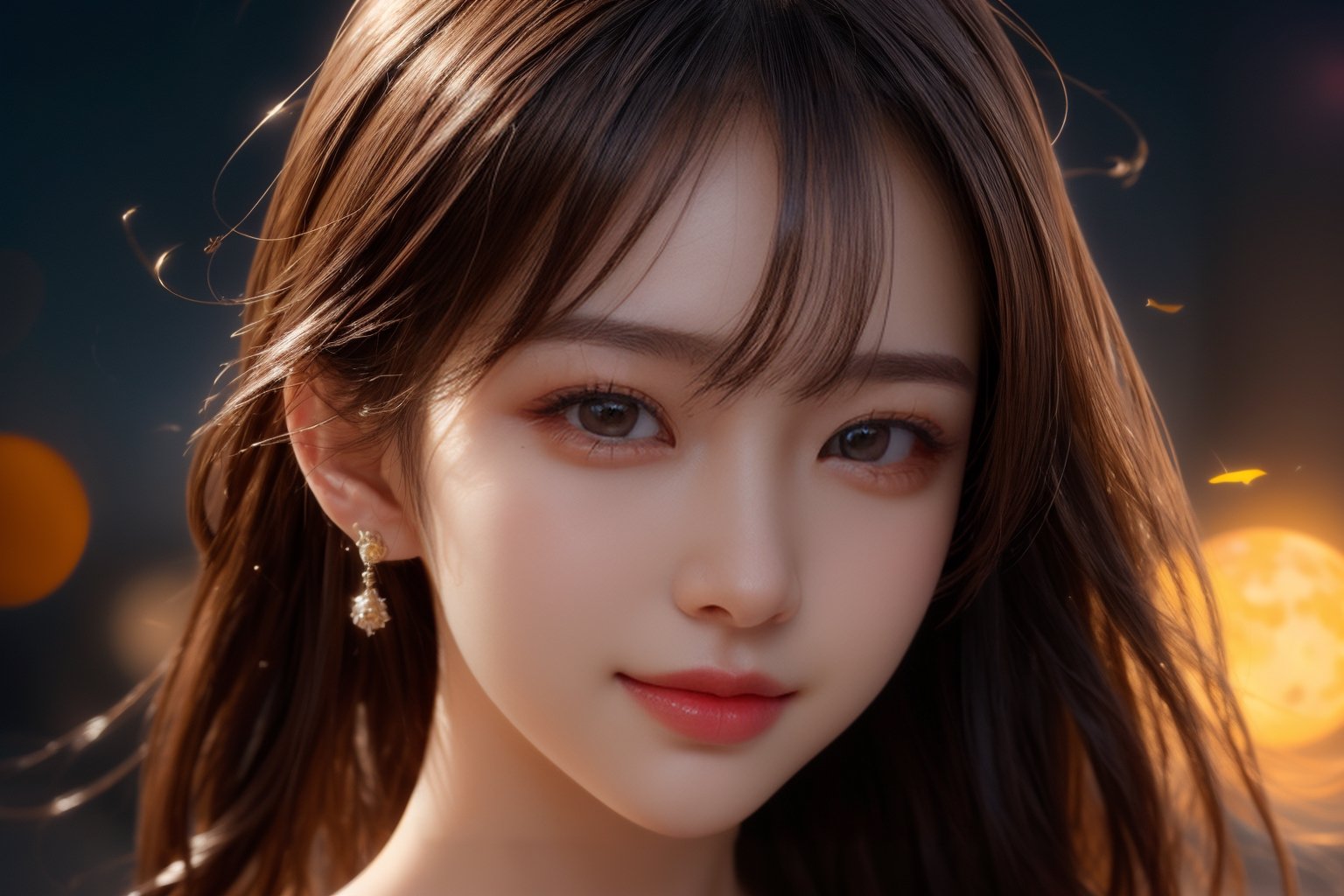 masterpiece, high quality, realistic aesthetic photo ,(HDR:1.4), pore and detailed, intricate detailed, graceful and beautiful textures, RAW photo, 16K, (bokeh:1.3), natural moon light, back lighting, Subsurface scattering, warm tone, (front from face shot),
25yo-japanese-1girl, beautiful face, (light-smile:1.1),  beautiful black straight long hair, dull bangs, (hair blowing in the wind:1.2), (detailed beautiful dark-brown eyes:1.3), smooth skin, juicy lips, eye_shadow, small earing, dark-red sweater, (glare at camera:1.2),          
high detailed, ultra detailed, 9x16 aspect ratio, 
high resolution, world-class official images, impressive visual, perfect composition,1 girl,Realism,chinatsumura