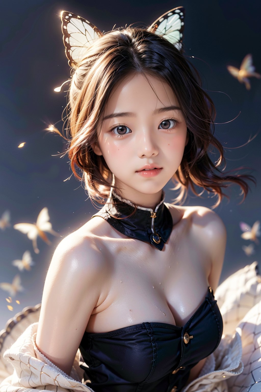 1 girl, most beautiful korean girl, Korean beauty model, stunningly beautiful girl, gorgeous girl, 20yo, over sized eyes, big eyes, smiling, looking at viewer, a girl with a lotus with a star haori, in a town, Detailed Textures, high quality, high resolution, high Accuracy, realism, color correction, Proper lighting settings, harmonious composition, kochou shinobu, butterfly hair ornament, purple eyes, multicolored hair, short hair, parted bangs, forehead, waist up shot