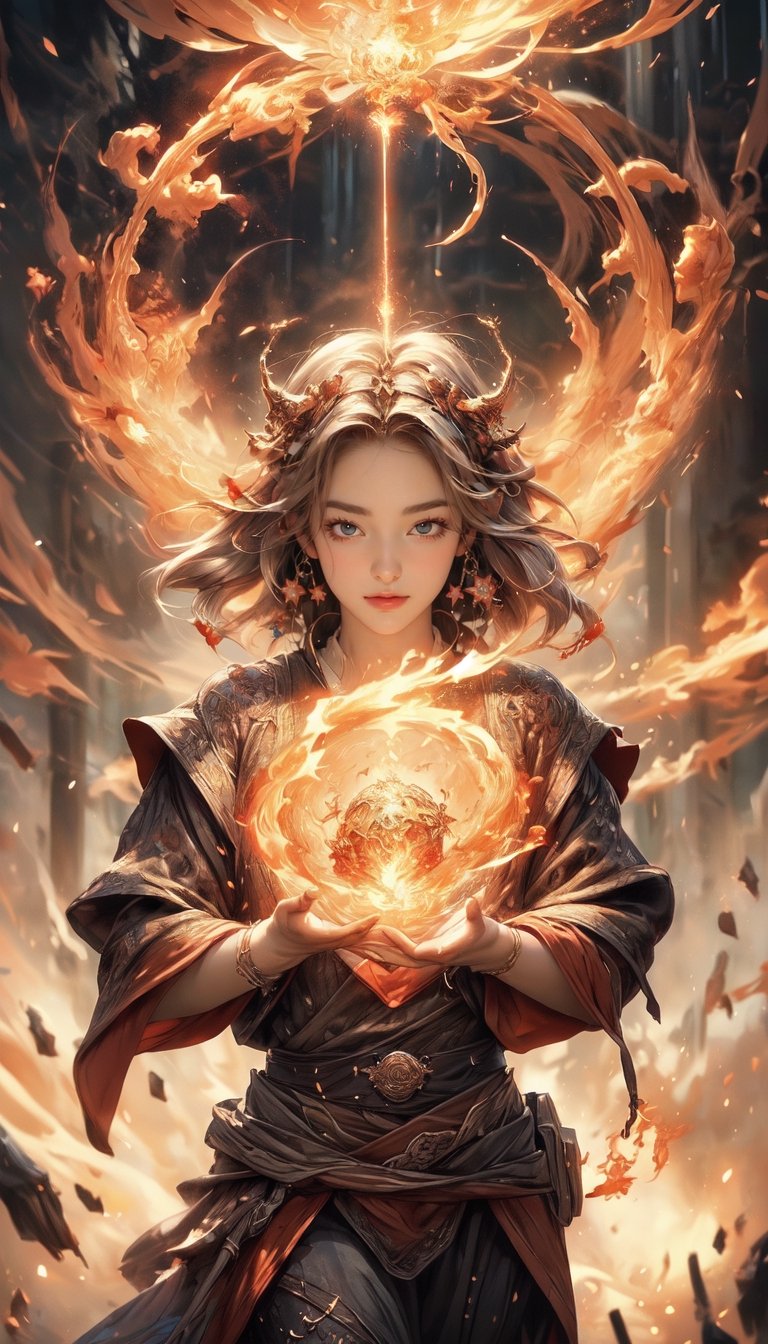 (masterpiece,  top quality,  best quality,  official art,  beautiful and aesthetic:1.2),  (1girl:1.2), fire fairy, cute,  light eyes,   beautiful face, ((Transparent heavenly plumage)),extreme detailed, (abstract:1.4,  fractal art:1.3), (shain gold hair:1.1),  fate \(series\),  colorful, highest detailed, lightning, Swirling lava, flying flames,ability to manipulate fire, (splash_art:1.2),  jewelry:1.4,  silver wear, scenery,  ink  ,pyromancer,Exquisite face,Holy light