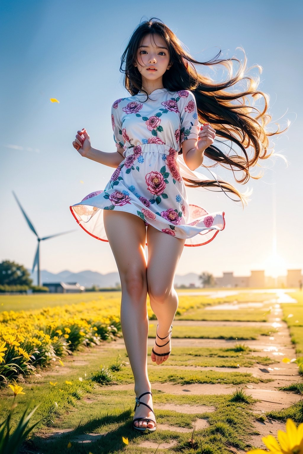 masutepiece, Best Quality, Ultra-detailed, finely detail, hight resolution, 8K Wallpaper, Perfect dynamic composition, Natural Color Lip,(Wearing a floral-patterned dress :1.3),(Longhair:1.3),drawn action: (the girl must be happily running around the field with a Shiba Inu,basking in the evening sun:1.4),I want to convey the happily atmosphere,(The wind blows her long hair:1.4), 1 girl, most beautiful korean girl, Korean beauty model, stunningly beautiful girl, gorgeous girl, 18yo, over sized eyes, big eyes, smiling, looking at viewer, (smile:1.3), full body shot, colorful_girl_v2