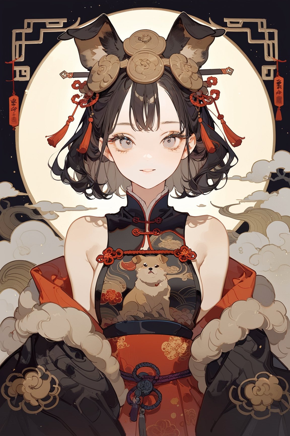 masterpiece, best quality, aethetic,warrior,Chinese Zodiac,Chinese style,a loyal dog girl,Torso shot,dog ears,fang,short eyebrows,sparkling eyes,round eyebrows, 1 girl, most beautiful korean girl, stunningly beautiful girl, gorgeous girl, 20yo, over sized eyes, big eyes, smiling,