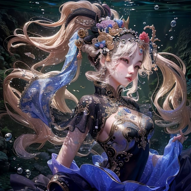 a Guanyin girl, wearing tulle, underwater