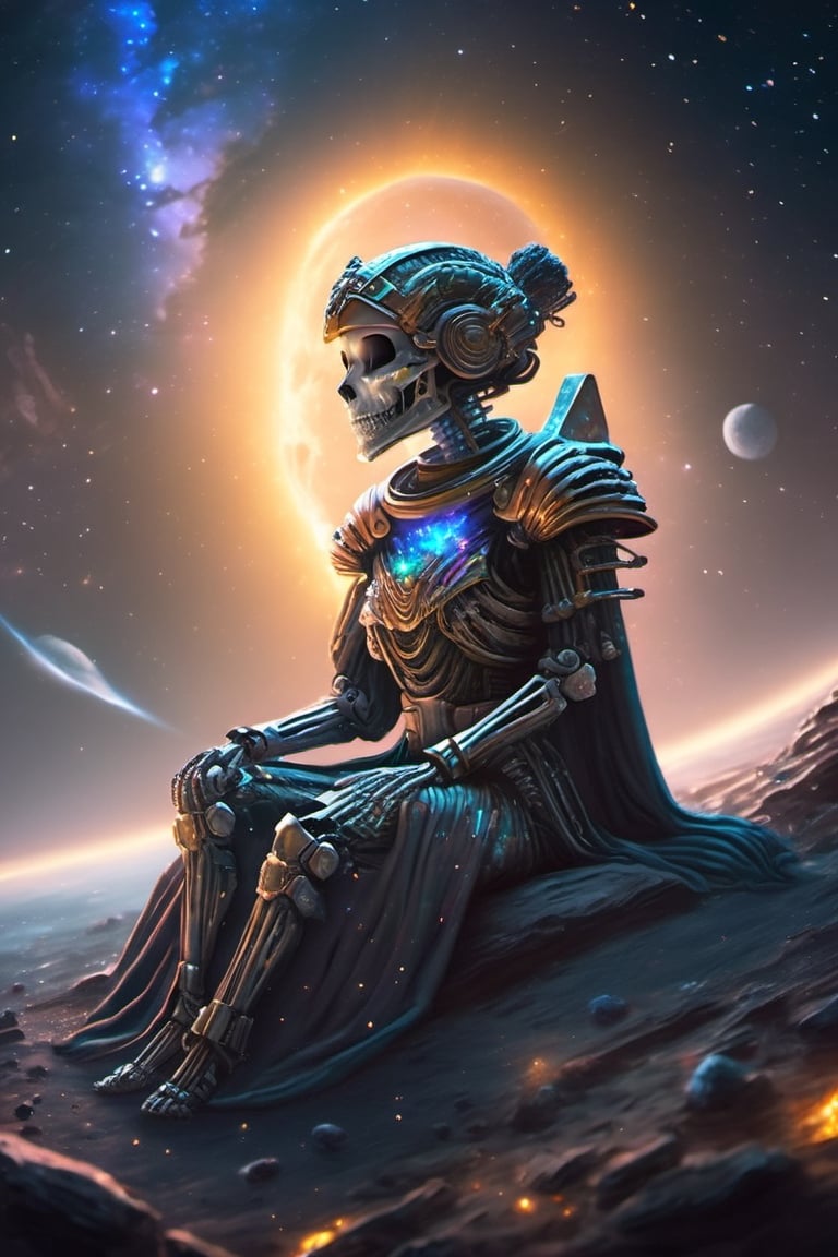 art by Callie Flink, Brandon Woelfel, 
The Comet's Daughter, 
wear flowing heavy exo-skeleton armor robe jewelry, sitting on a comet, Titanfall, space void background, comet tail, full body, wide-shot, meditation pose, Dazzling fast comet, 4K, UHDR