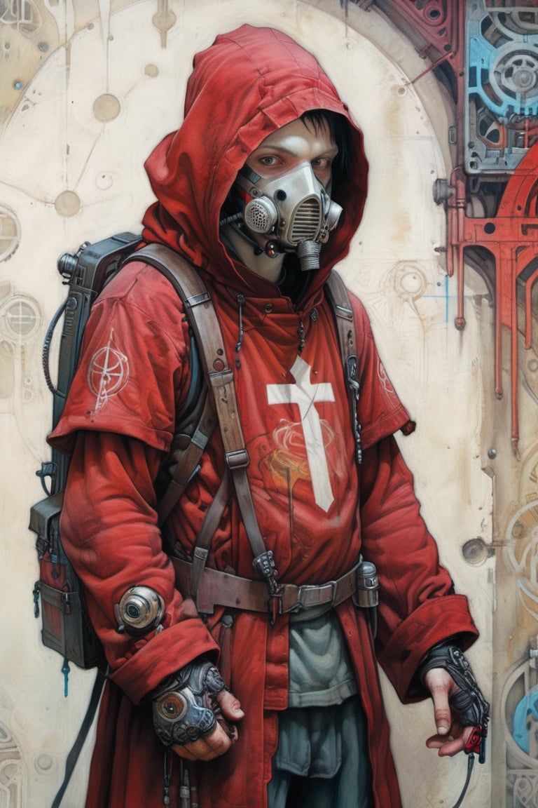 gothic artstyle, art by Michael Shapcott, innocent boy technopriest, long heavy red hooded robe, breathing mask, energy weapons laser guns, heavy technological backpacks, cybernetic implants, adeptus mechanicus, cybernetic enhancement, 
Calligraffiti, Chiaroscuro, 
fantasy art, highly detailed, centered, 
masterpiece, full body, ,more detail XL