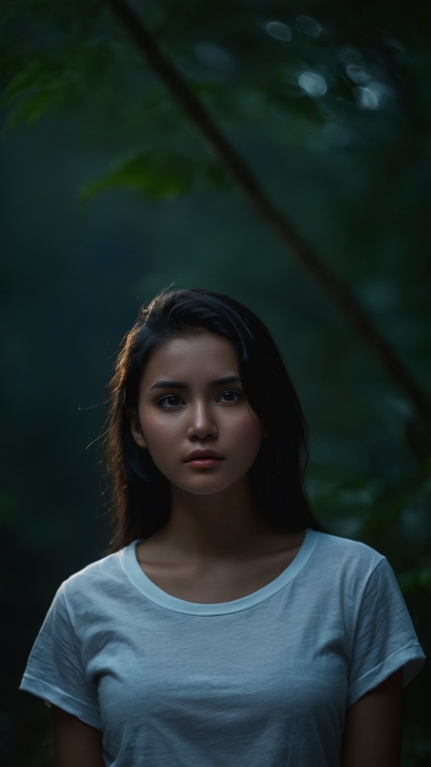 full body, indonesia girl , black hair, small sharp nose, sad, tears streaming down my cheeks,, cry ,fantasy forest background, night, midnight, cinematic film still of dim light, low light, dramatic light, partially covered in shadow, realistic photo, close-up, close-up shot, (((loose plain white t-shirt))), gigantic breasts, masterpiece, denim pants, 18 years old, radiating an air of allure and sophisticated charm, with a striking, captivating face,her gaze piercing into the camera, Low-key lighting , 32k resolution, best quality, high saturation , edgy, photo-real, Style, sky, at dusk,scenery, shallow depth of field, vignette, highly detailed, high budget, bokeh, cinemascope, moody, epic, gorgeous, film grain, grainy, Low-key lighting Style ,neon photography style, perfect body parts, low light, low lighting, slim body,light spot