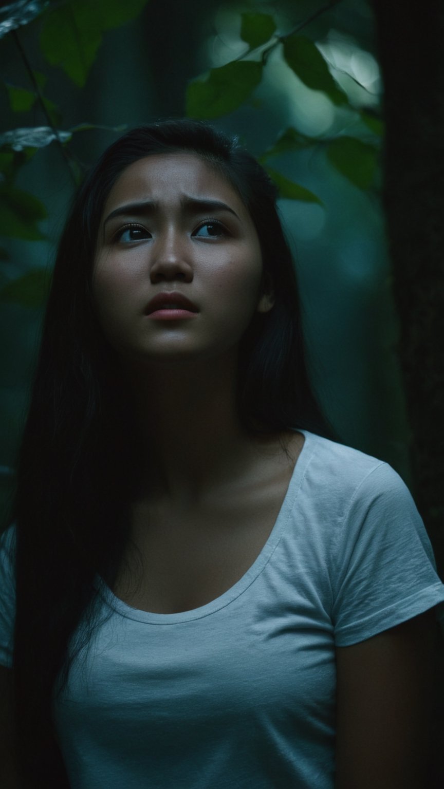 ,full body, Indonesian local girl, crying, Tears, cry  , cinematic film still of dim light, low light, dramatic light, partially covered in shadow, realistic photo, close-up, close-up shot, plain white t-shirt,, masterpiece, ripped long denim pants, 18 years old, radiating an air of allure and sophisticated charm, with a striking, captivating face, positioned against the backdrop of a busy nighttime fantasy forest, shining leaves, shining flowers,, her gaze piercing into the camera, Low-key lighting , 32k resolution, best quality, high saturation , edgy, photo-real, Style, sky, at dusk,scenery, shallow depth of field, vignette, highly detailed, high budget, bokeh, cinemascope, moody, epic, gorgeous, film grain, grainy, Low-key lighting Style ,neon photography style
