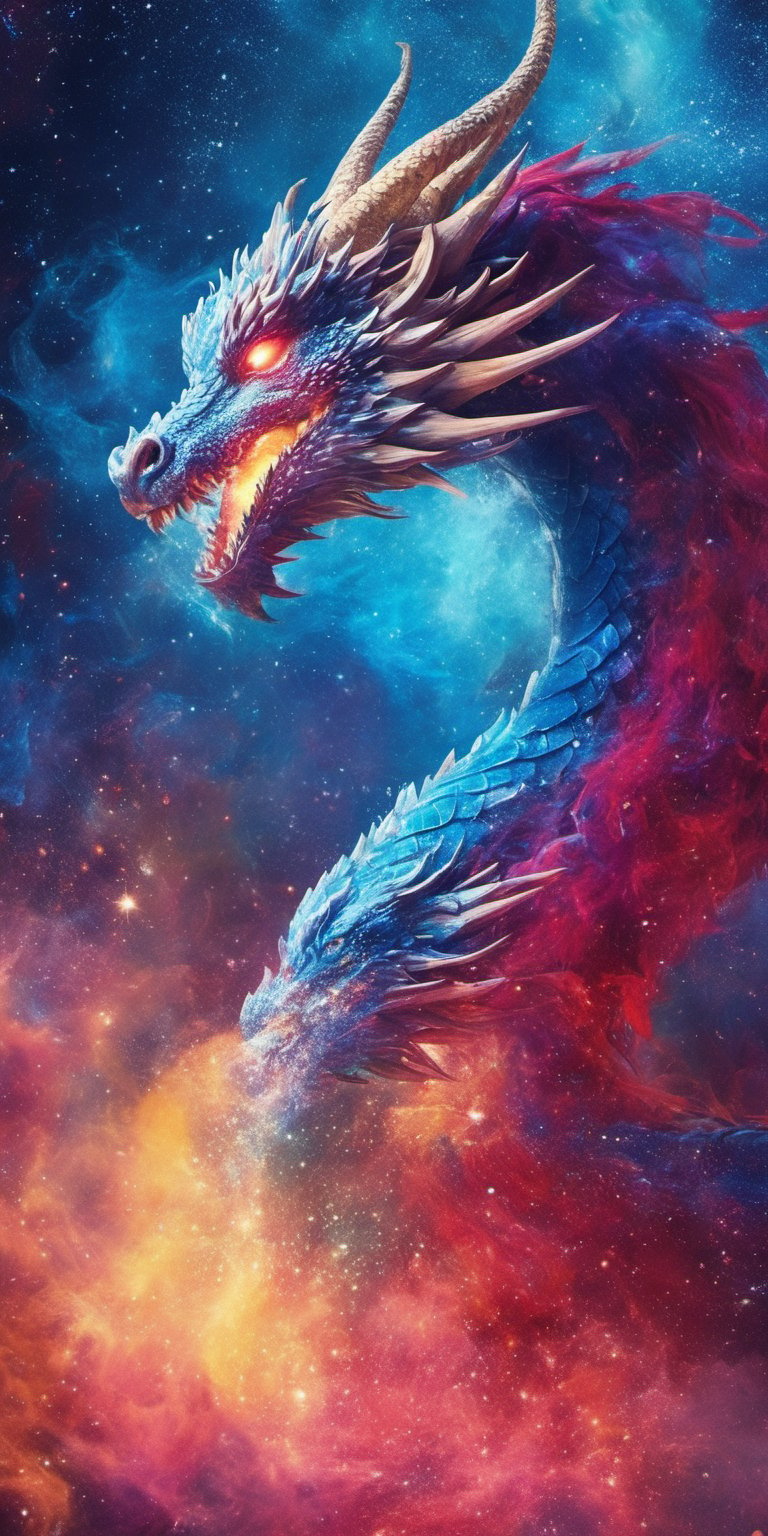 ((full body)), a bright metal chinesse dragon of living nebulae, its body a swirling mass of gases and dust, lit from within by the light of newborn stars. It moves with a slow, deliberate grace through a dense nebula, its form constantly shifting and changing as it absorbs and emits the energies of the cosmic cloud around it, ink ,skll, UHD, 8K, highly detailed masterpiece, chromatic aberration, intense colors, vibrant colors, sharp focus, bokeh, intricate, epic light, perfect volumetric lighting,style,retro ink,Movie Poster,MoviePosterAF