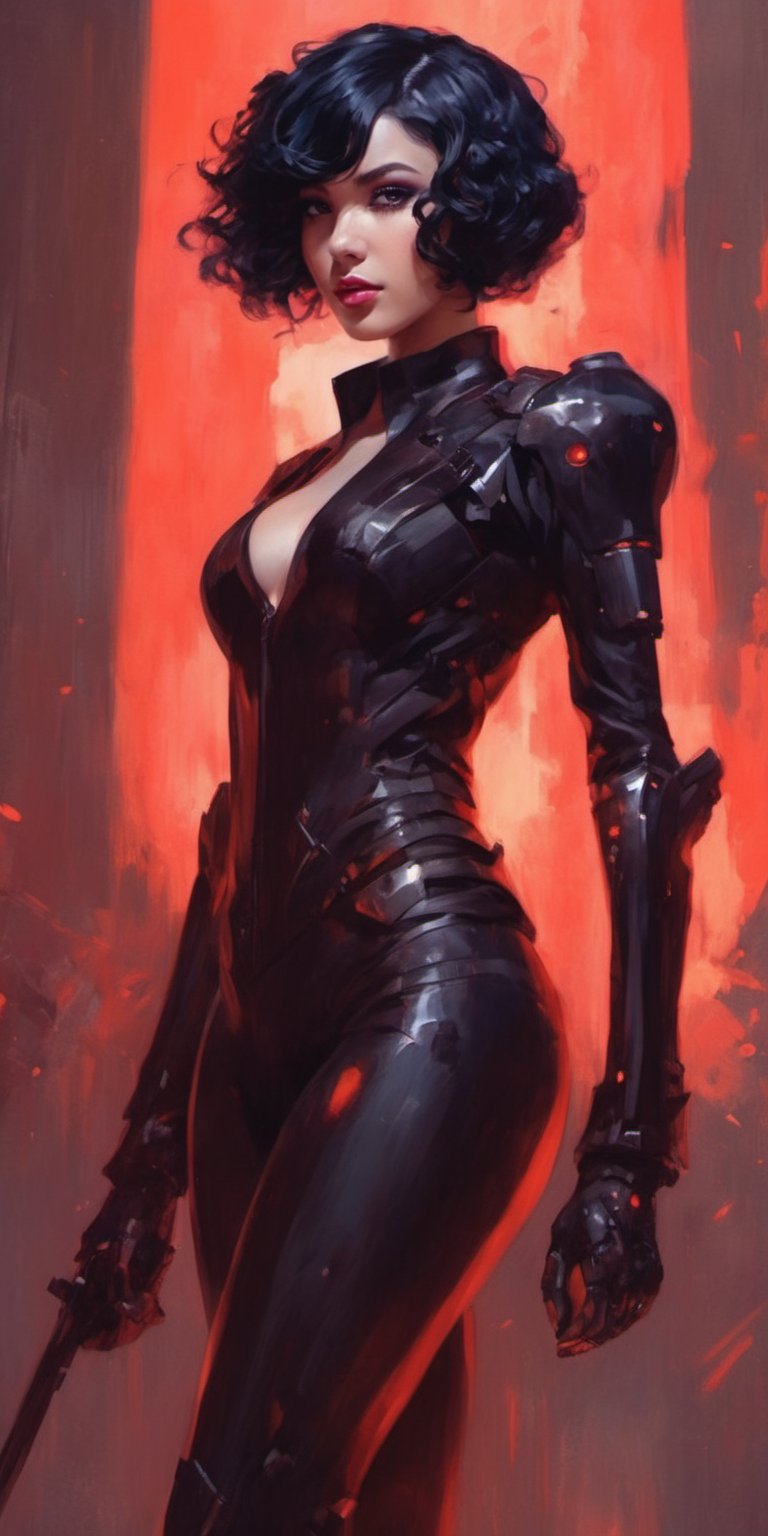 (by Loish, Leyendecker, james gilleard),  A full body shot of a young goth woman, short black curly hair, slightly smiling, one raised eyebrow, wearing a black metal cyborg suit , red lips, dark eye makeup, dark future battlefield background, ,heavy_jacket,Fire Angel Mecha,ink ,Movie Poster