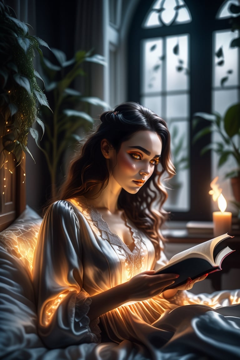 Cinematic, intricately detailed image of a beautiful woman reading a book in bed wearing silk night gown, UHD, 8k, sharp focus, intrincate, Epic light, flawless, flowy hair,  detailed features,  relaxed pose, cute bedroom, yulia brodskaya style room with lots of house plants, natural filted light through the window, gothic style,huayu,more detail XL,fire element, Magic, 16mm film, bokeh, gothic science fiction