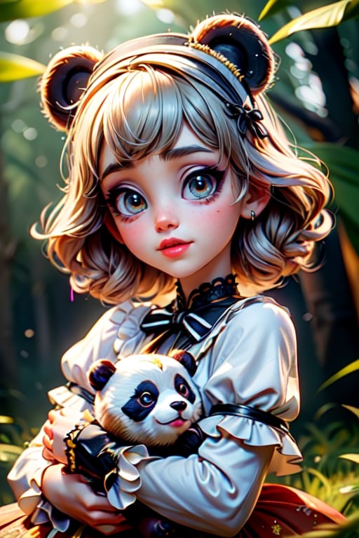 (masterpiece, best quality), (absurdres:1.3), (ultra detailed, ultra high resolution:1.1), 8K, UHD, hyper realistic, photorealistic:1.37, beautiful detailed eyes, beautiful detailed lips, juicy lips, (classic costume lolita :1.5), bright smile, ((holding a cute baby panda bear)), magical aura, powerful aura, mist, whimsical and colorful sun, sunbeams peeking through the trees, soft, dappled light, peaceful atmosphere, magical creature, sparkling fairy dust, soft glow, chinese ink painting, color matching, vibrant tones, intense colors, vibrant colors, chromatic aberration, epic light, beautiful volumetric lighting, bokeh, sharp focus, intricate dreamscapes and hyperrealistic, hyperrealism (bright eyes: 1.3, sensual makeup with orange tones and golden glitter), art by Jean-Gabriel Domergue, a very beautiful, sensual, cheerful woman, ((25-year-old woman)), perfect body with ideal proportions , very strong features, very long eyelashes, a detailed painting in ultra high definition, shiny, beautiful, splattered, shimmering, filigree, edge lighting, extremely fluffy, magical, surreal, fantasy, fairy tale, digital art, by wlop, by artgerm, (junji ito style: 1.3), (Andrei Belichenko style: 1.3), (extra wide shot: 1.6), soft skin, hyperrealistic background,more detail ,photorealistic