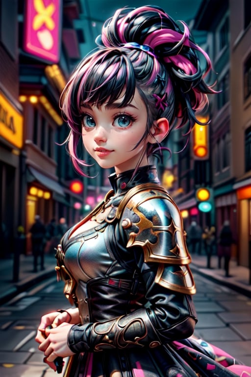 (a very beautiful, cheerful and adorable woman looking at the camera), (full body), (black and pink hair), (punk haircut with mohawk), perfect body with ideal proportions, perfect eyes, very long eyelashes, semi-profile, wide and bright smile, perfect smile, juicy lips, sensual makeup, portrait of max caulfield, imogen poots as holy warrior, imogen poots paladin, imogen poots as holy paladin, cinematic bust close-up, imogen poots, imogen poots d&d paladin, cinematic close-up, fantasy film frame, beautiful volumetric lighting, intense colors, vibrant colors, sharp focus, intricate, chromatic aberration, bokeh, epic light, UHD, 8K, professional photography, realized photography with a professional 35mm digital SLR camera with a Nikon wide-angle lens,More Detail