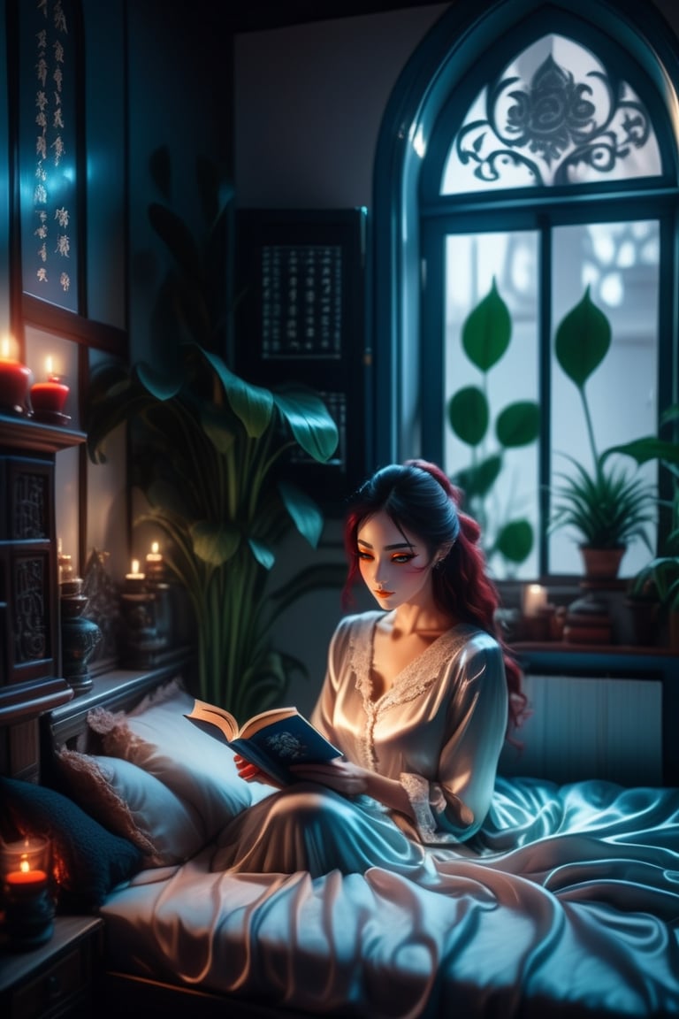 Cinematic, intricately detailed image of a beautiful woman reading a book in bed wearing silk night gown, UHD, 8k, sharp focus, intrincate, Epic light, flawless, flowy hair,  detailed features,  relaxed pose, cute bedroom, yulia brodskaya style room with lots of house plants, natural filted light through the window, gothic style,huayu,more detail XL,fire element