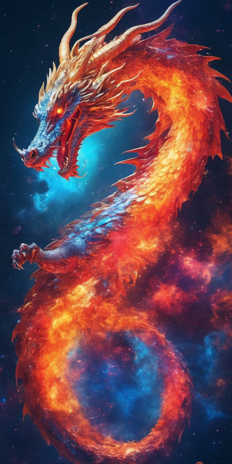 ((full body)), a bright metal chinesse dragon of living nebulae, its body a swirling mass of gases and dust, lit from within by the light of newborn stars. It moves with a slow, deliberate grace through a dense nebula, its form constantly shifting and changing as it absorbs and emits the energies of the cosmic cloud around it, ink ,skll, UHD, 8K, highly detailed masterpiece, chromatic aberration, intense colors, vibrant colors, sharp focus, bokeh, intricate, epic light, perfect volumetric lighting,style,retro ink,Movie Poster,MoviePosterAF