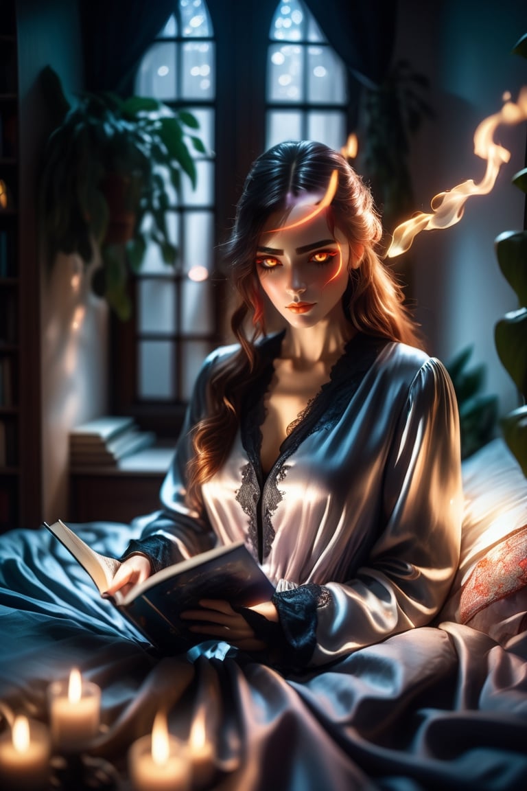 Cinematic, intricately detailed image of a beautiful woman reading a book in bed wearing silk night gown, UHD, 8k, sharp focus, intrincate, Epic light, flawless, flowy hair,  detailed features,  relaxed pose, cute bedroom, yulia brodskaya style room with lots of house plants, natural filted light through the window, gothic style,huayu,more detail XL,fire element, Magic, 16mm film, bokeh,science fiction