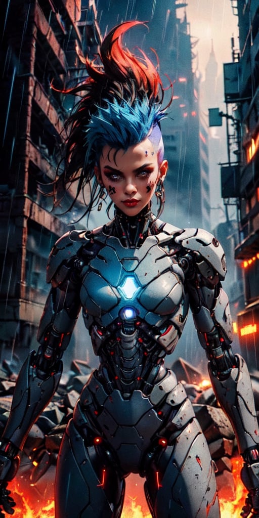 A humanoid robot with visible cybernetic parts and a beautiful female face, ((punk haircut with mohawk)). Its torso and hips are covered in poncho with geometric embroidery. It is patrolling in the destroyed megalopolis during the rain. Modelling light. High details, Rembrandt lighting. High details. Octane render. Artstation, retroartstyle, intense and vibrant colors, chromatic aberration, UHD, 8K, chaotic volumetric light, neon lights, sci-fi horror film, highly detailed, intricate, powerful aura, foggy atmosphere, fog, fire, horror, darkness, sharp focus, bokeh