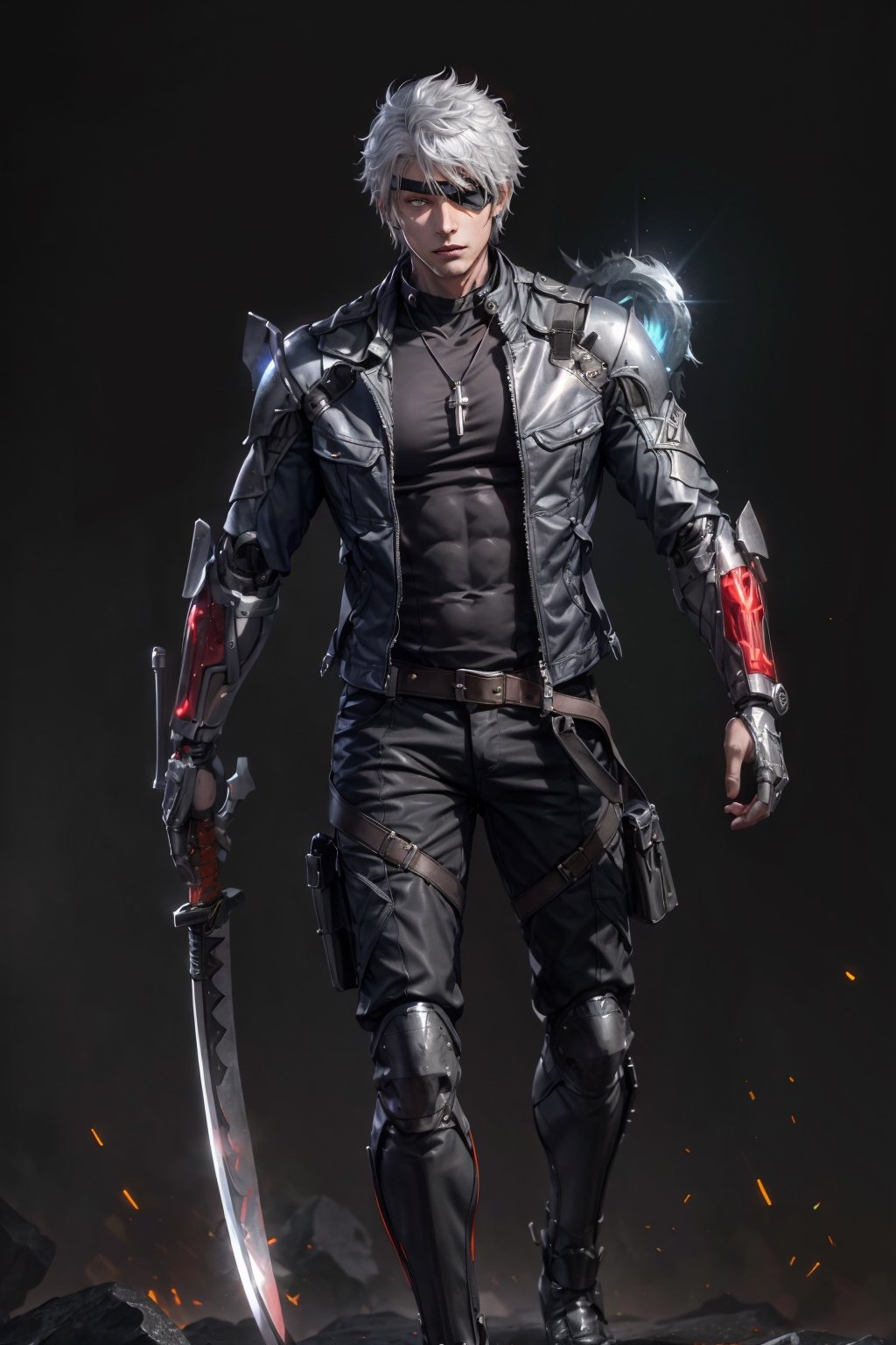 an accurate and detailed full-body shot of a male superhero character named Raider, 1male, Brushed forward spiked white hair, Blue Eyes, (Black tactical eye patch on left eye:1.2), silver pendant necklace, (Black and orange exoskeleton body suit:1.2), (Sleek black and red leather jacket with integrated metallic plating:1.2), Red and white chest plate, (Cybernetic devil gauntlets with glowing red designs:1.3), (Studded leather belt), Blue-gray cargo pants with reinforced leg armor, Gunmetal gray armored greaves, Black combat boots, (holding a High-frequency katana infused with demonic energy), masterpiece, high quality, 4K, raidenmgr, nero